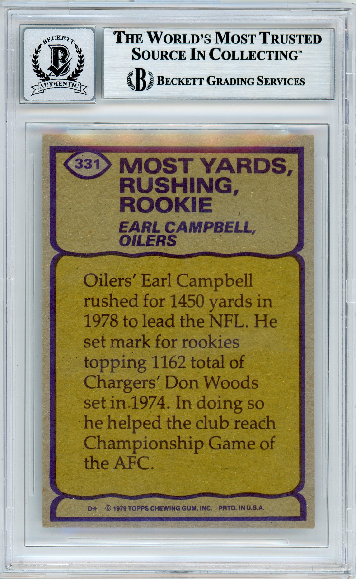 1979 Topps Record Breaker #390 Earl Campbell Houston Oilers BGS Autograph 10