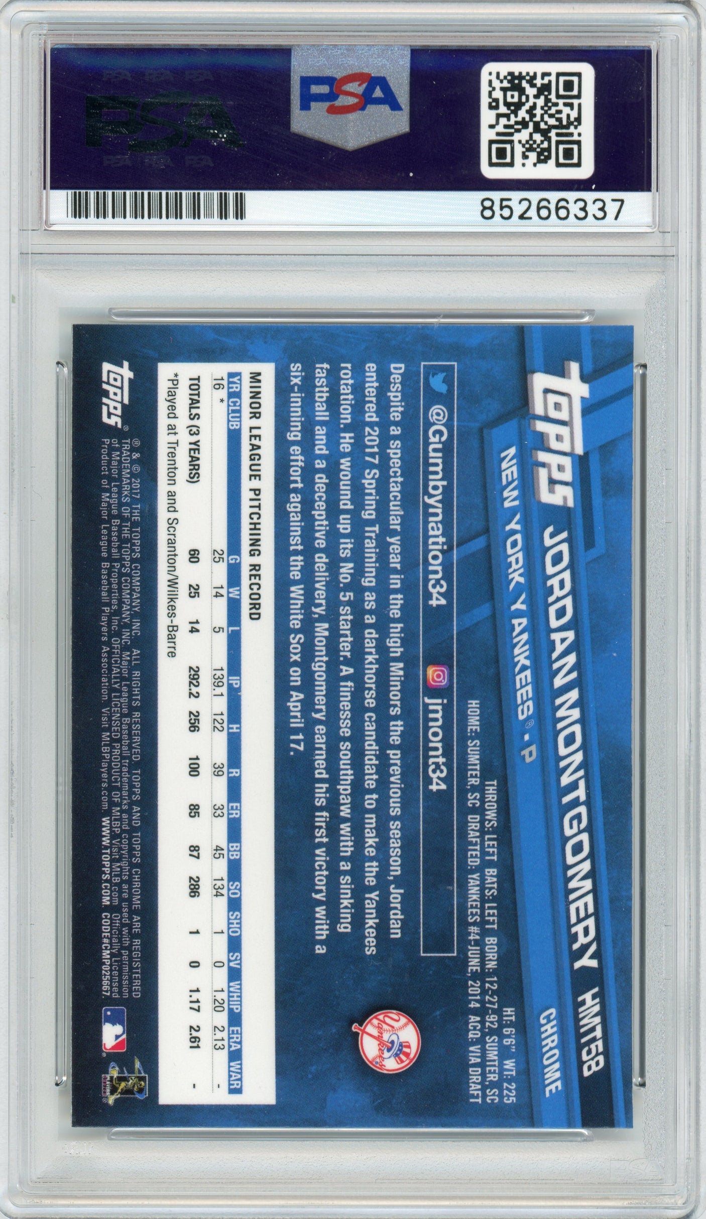 2017 Topps Chrome Update #HMT58 Jordan Montgomery RC Yankees PSA Autograph