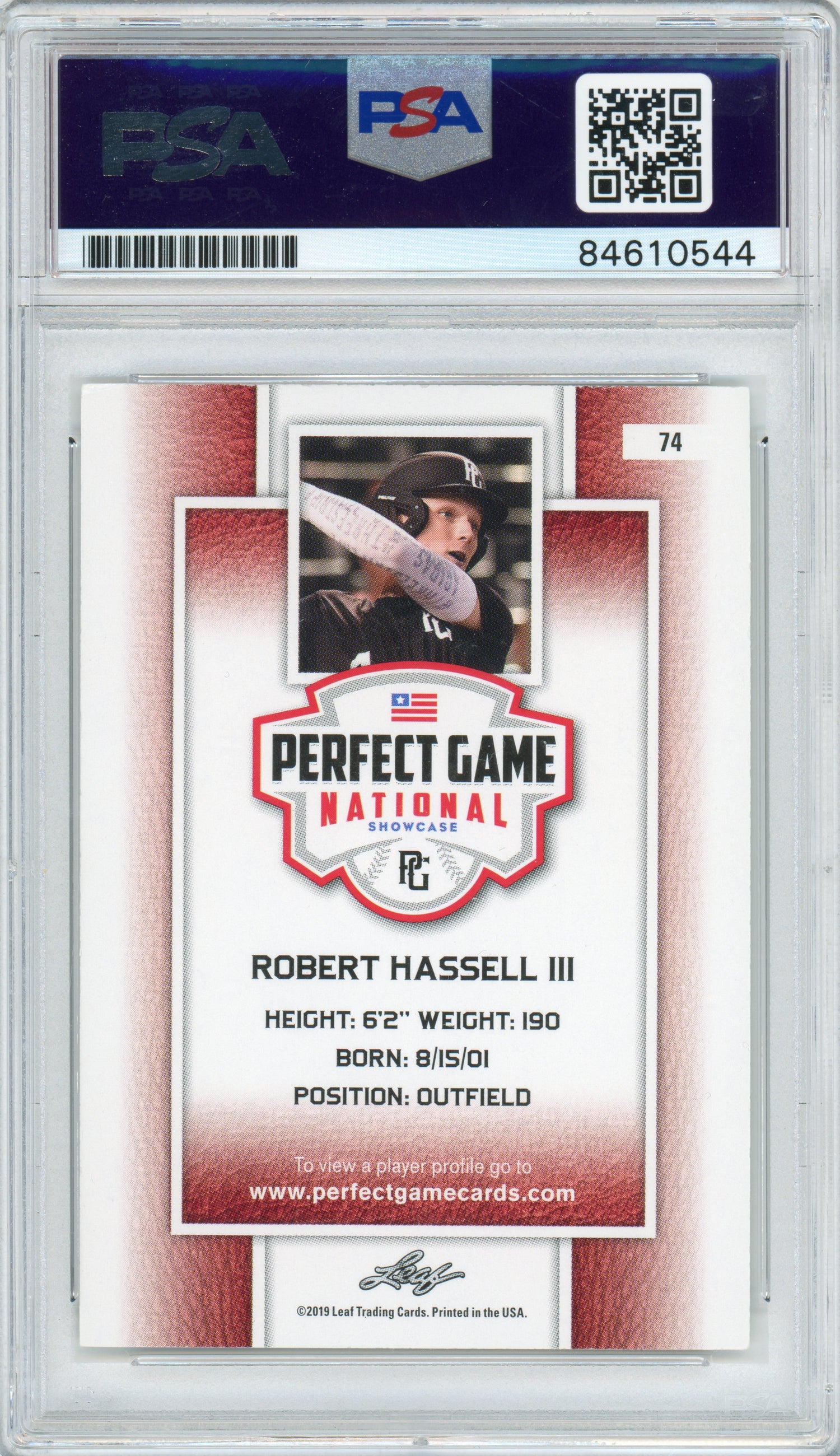2019 Leaf Perfect Game #74 Robert Hassell III RC Nationals PSA Autograph