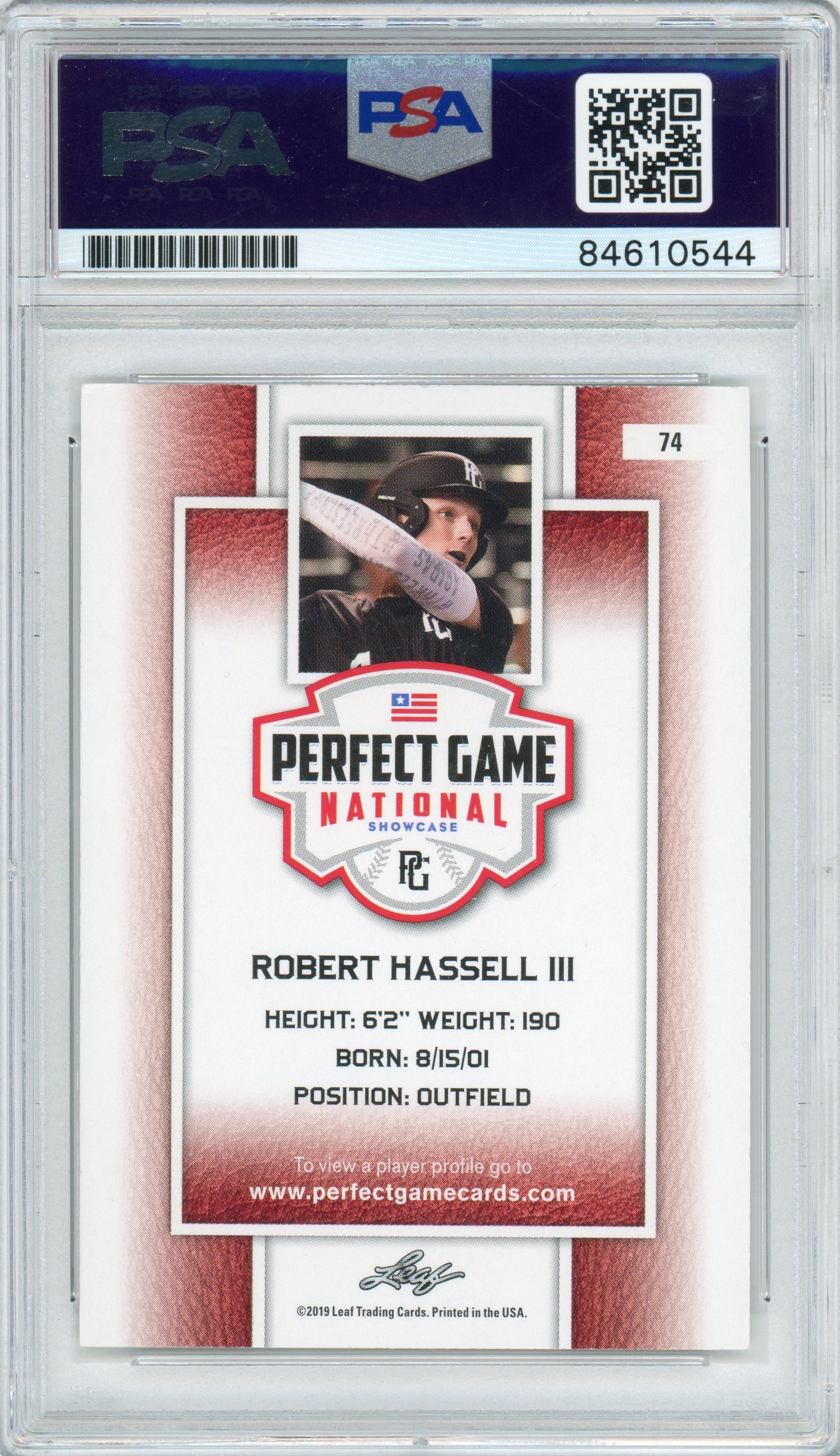 2019 Leaf Perfect Game #74 Robert Hassell III RC Nationals PSA Autograph