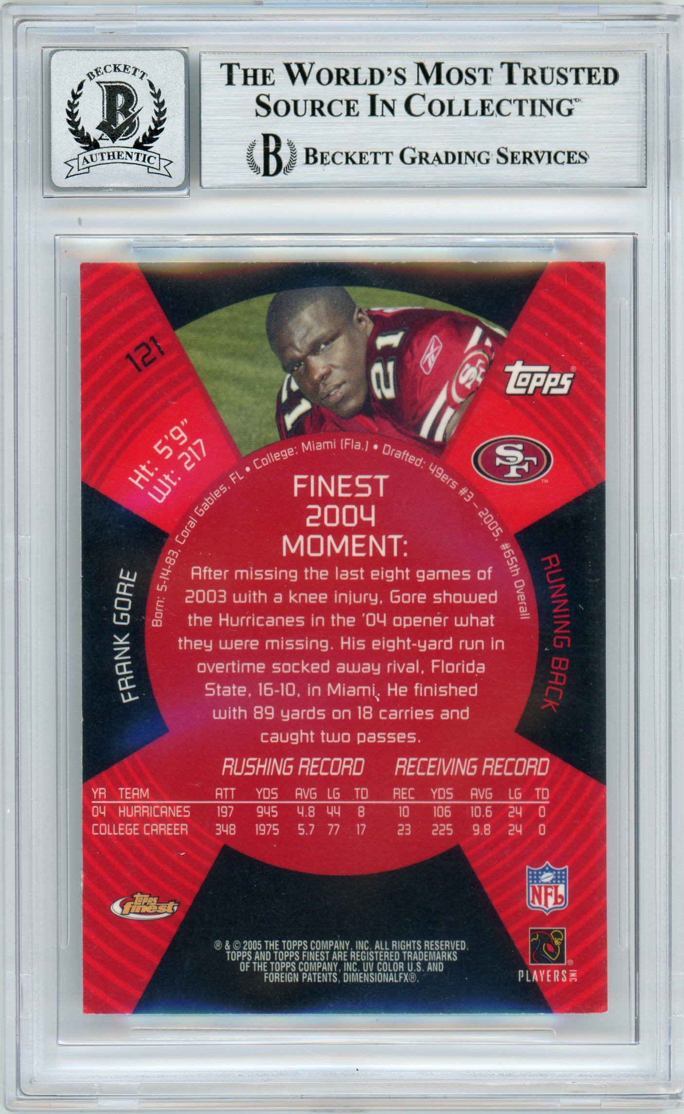 2005 Finest #121 Frank Gore RC 49ers BGS Autograph 10