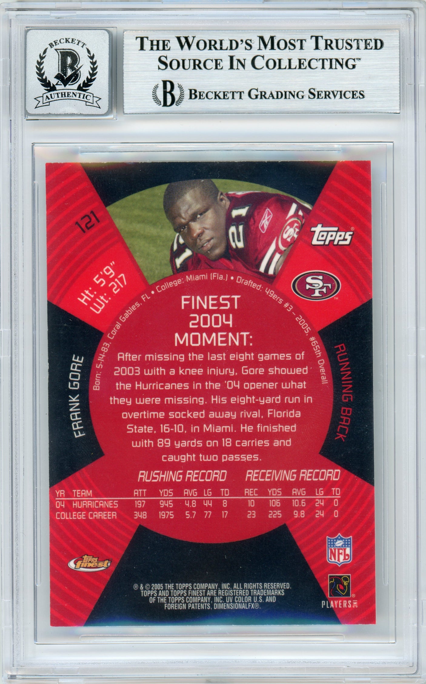 2005 Finest #121 Frank Gore RC 49ers BGS Autograph 10