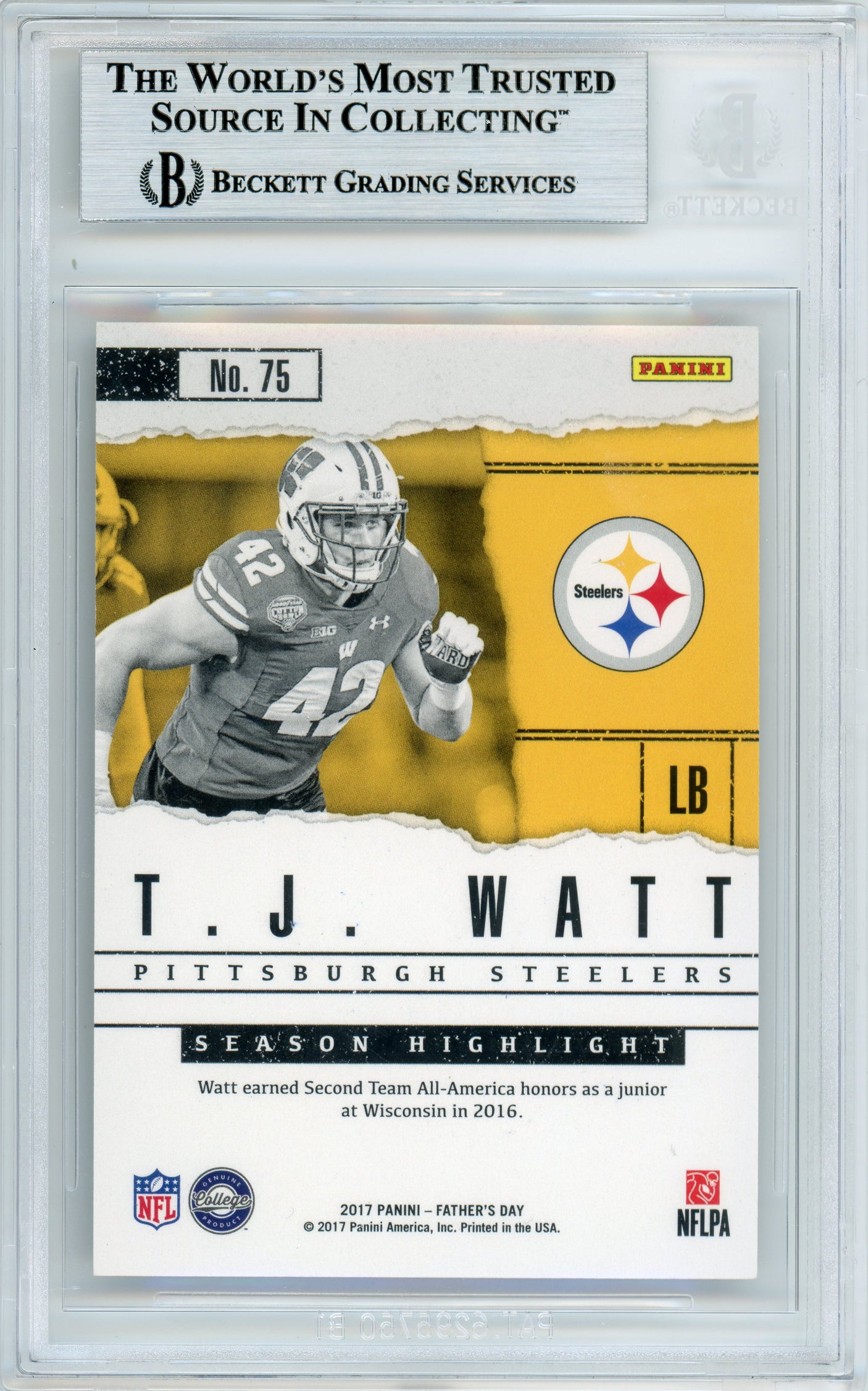 2017 Panini Fathers Day #75 T.J. Watt RC /499 Steelers BGS Autograph