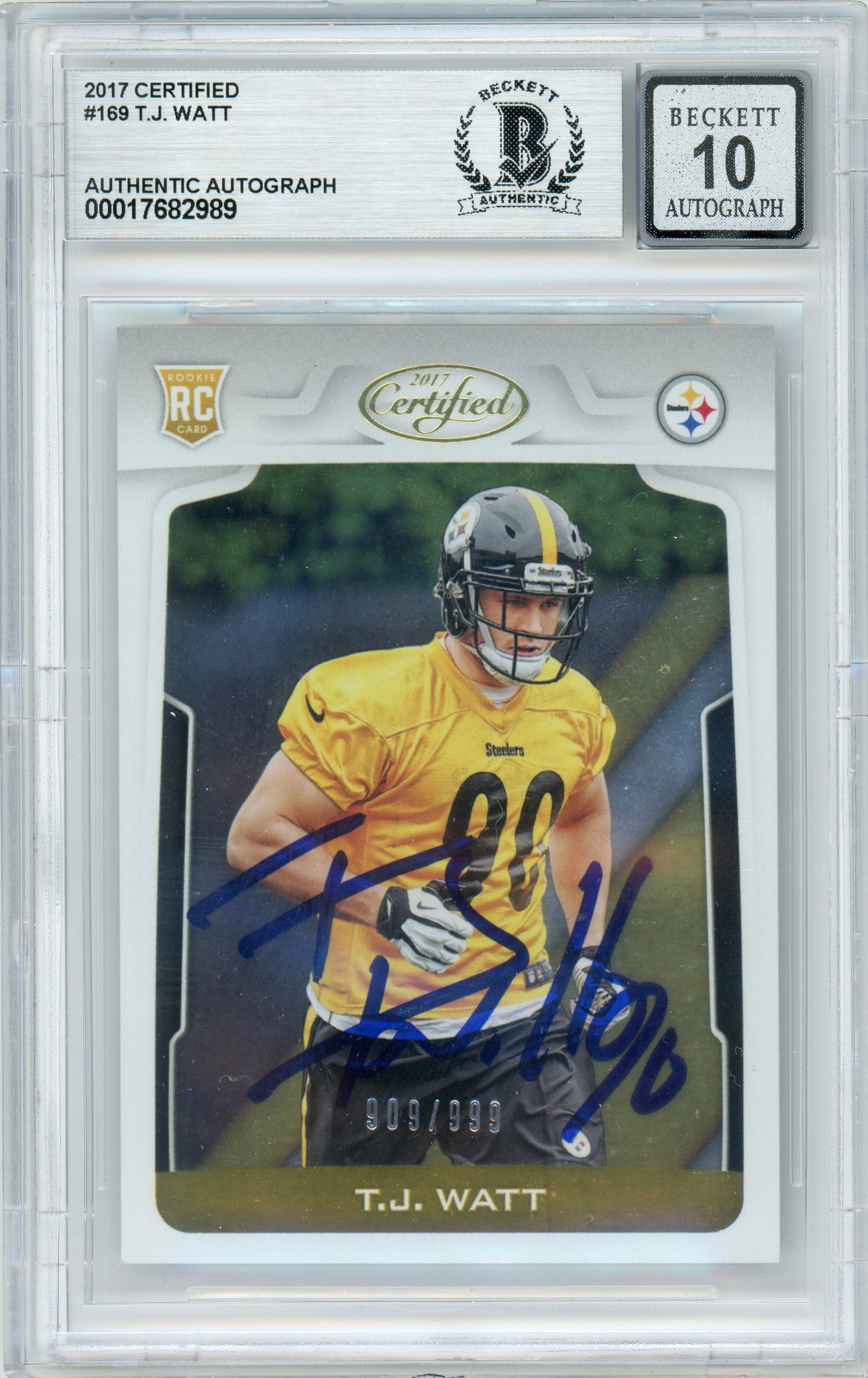 2017 Certified #169 T.J. Watt RC /999 Pittsburgh Steelers BGS Autograph 10