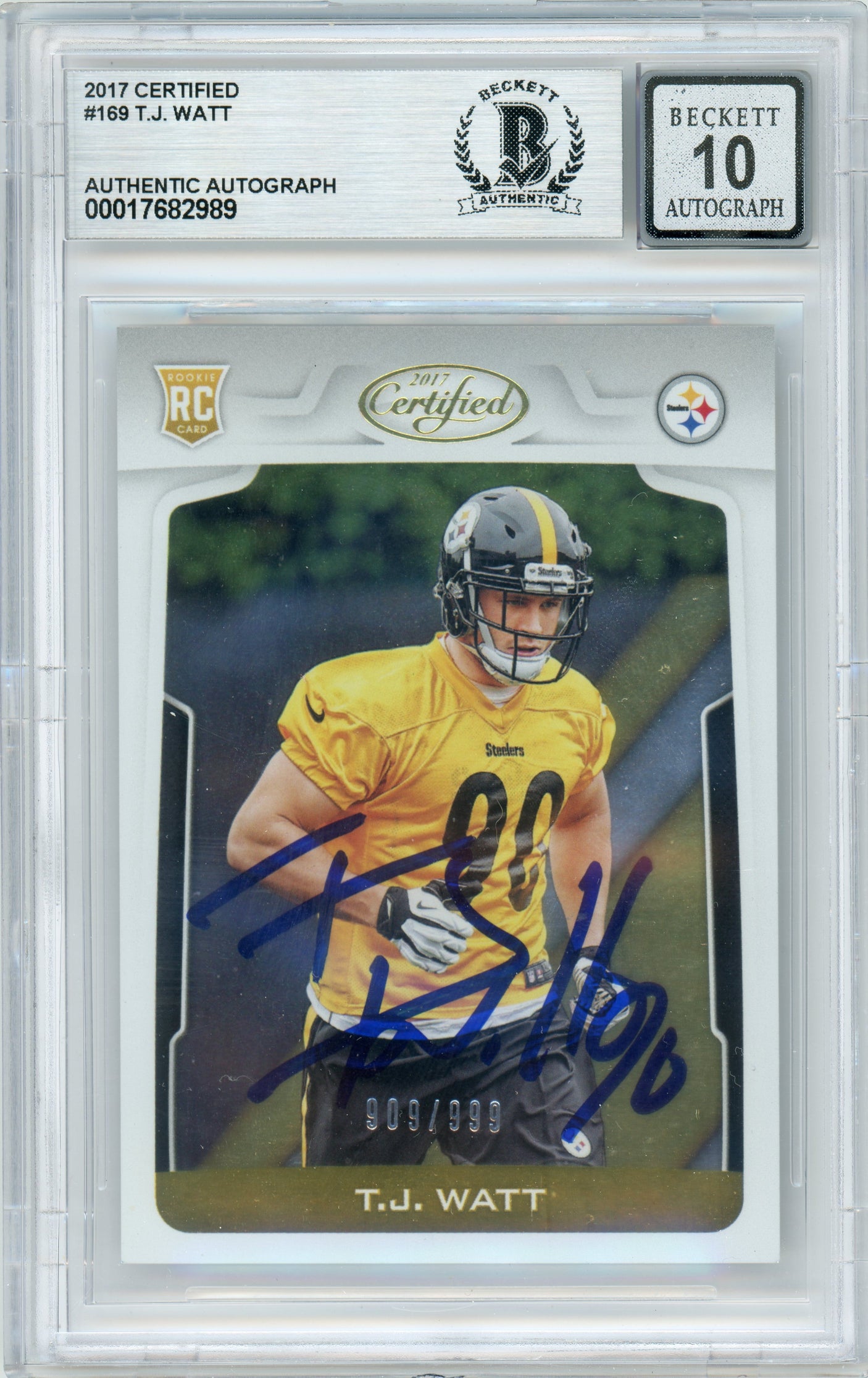 2017 Certified #169 T.J. Watt RC /999 Pittsburgh Steelers BGS Autograph 10