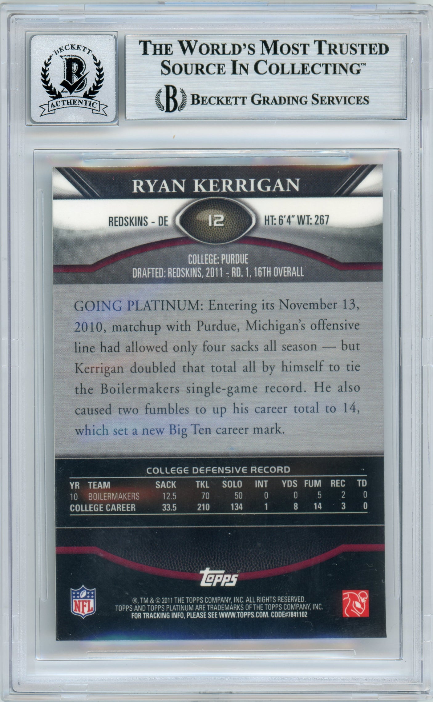 2011 Topps Platinum X-Fractor #12 Ryan Kerrigan RC Washington BGS Autograph 10