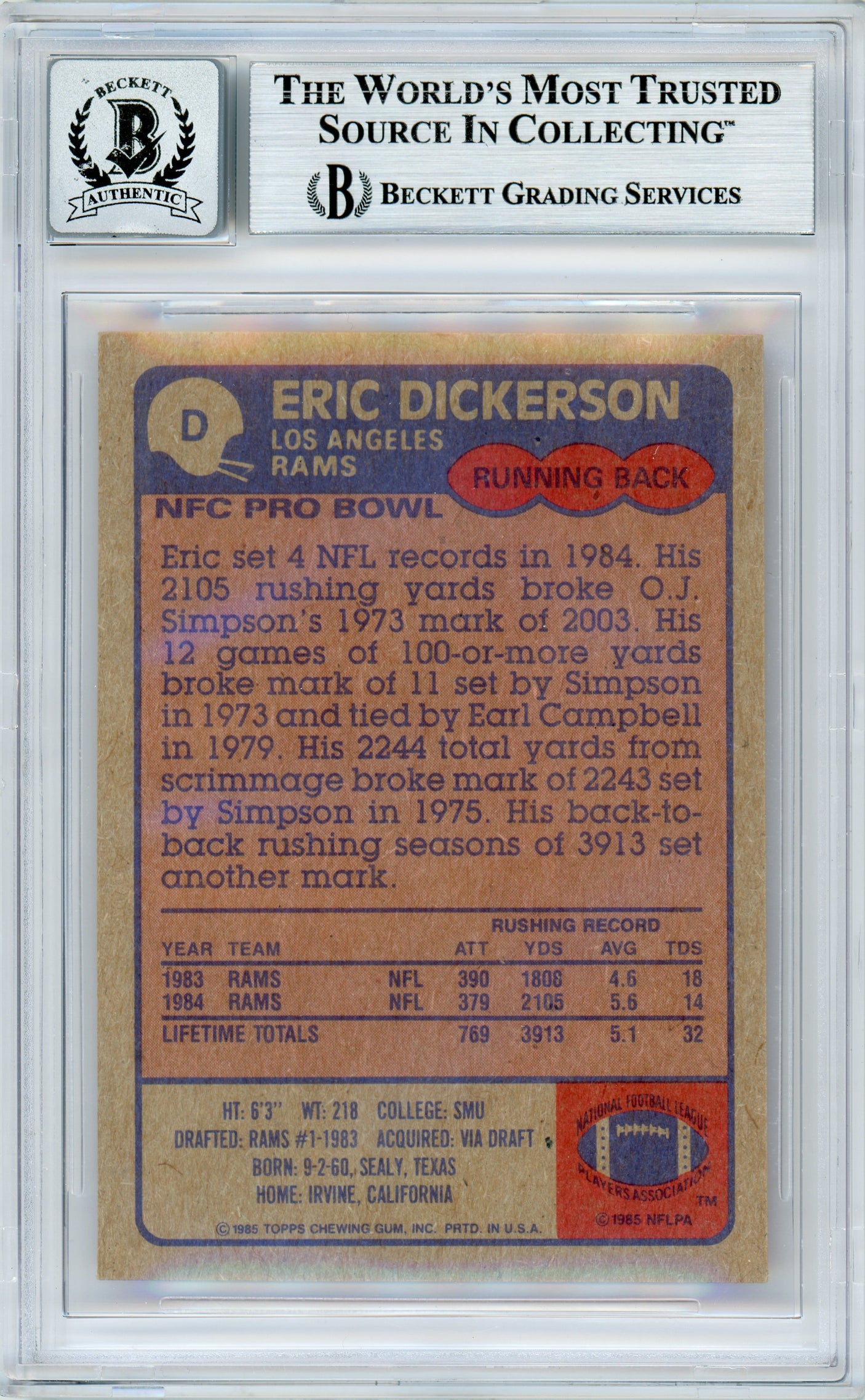 1985 Topps Box Bottoms #D Eric Dickerson w/ "HOF" Insc. Rams BGS Autograph 10