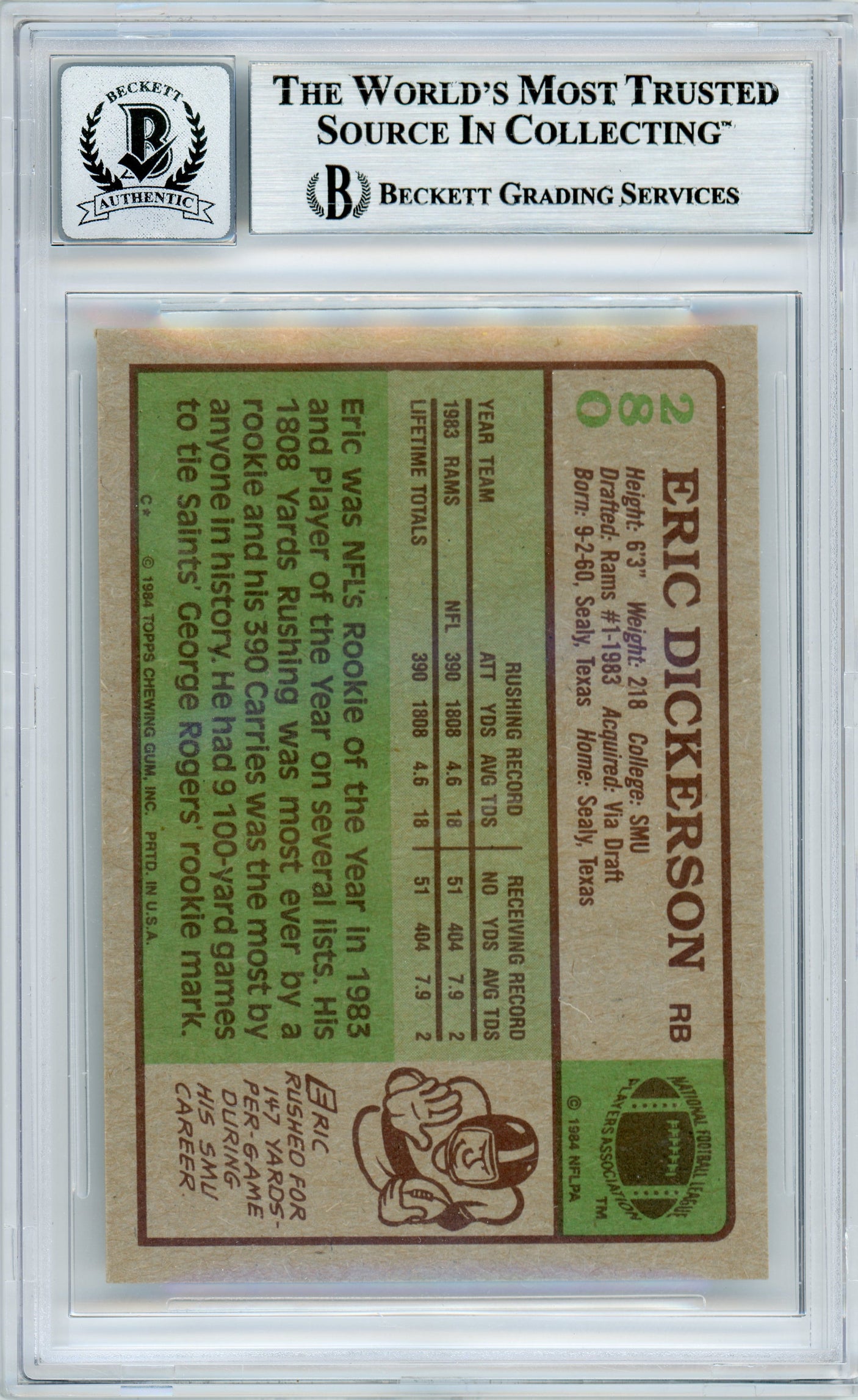 1984 Topps #280 Eric Dickerson RC w/ "HOF" Insc. Rams BGS Autograph 10