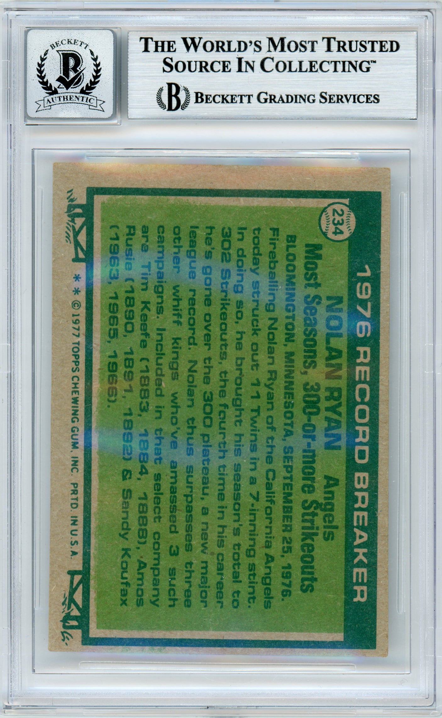 1977 Topps Record Breaker #234 Nolan Ryan Angels BGS Autograph 10