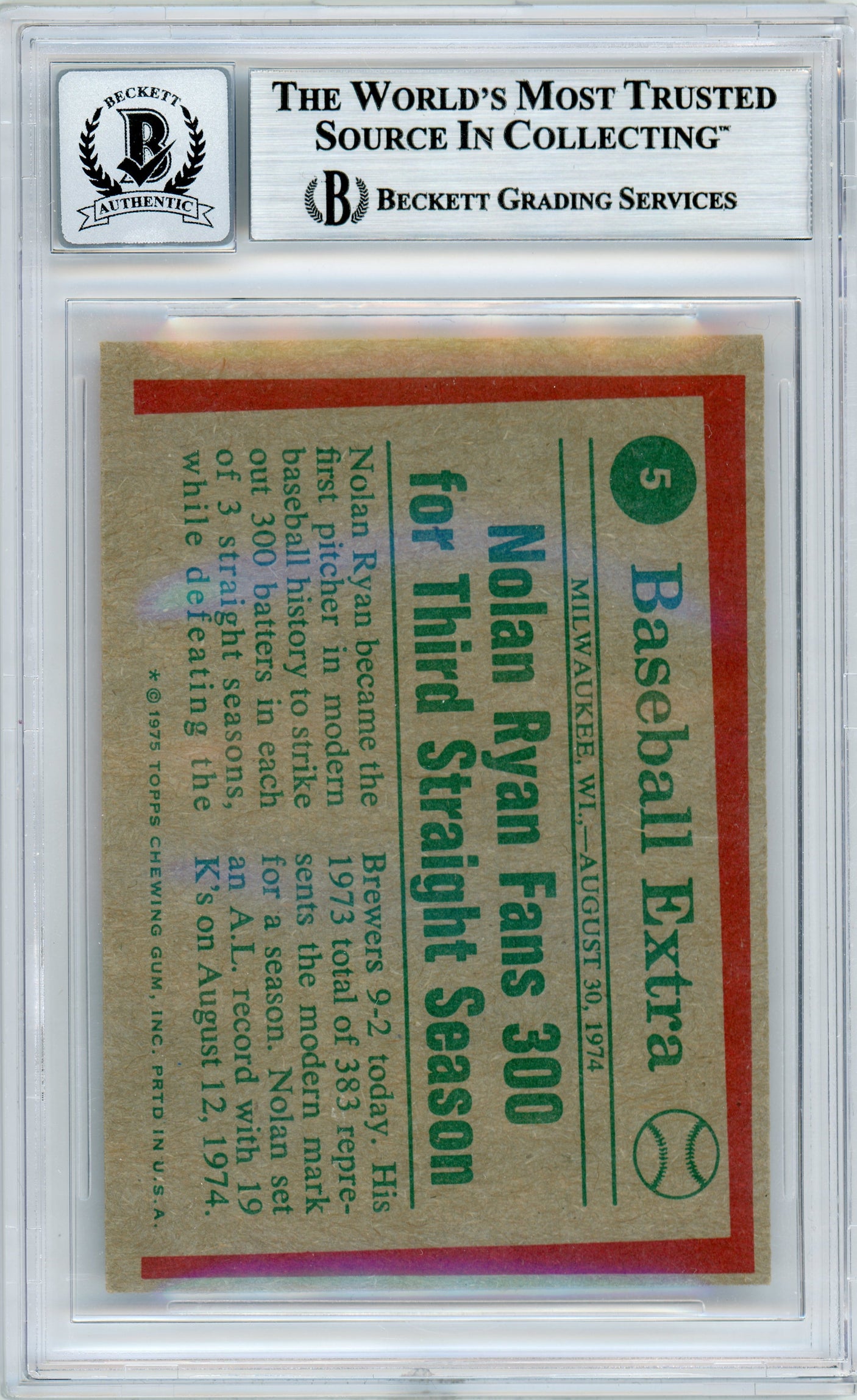 1975 Topps Highlights #5 Nolan Ryan Angels BGS Autograph 10