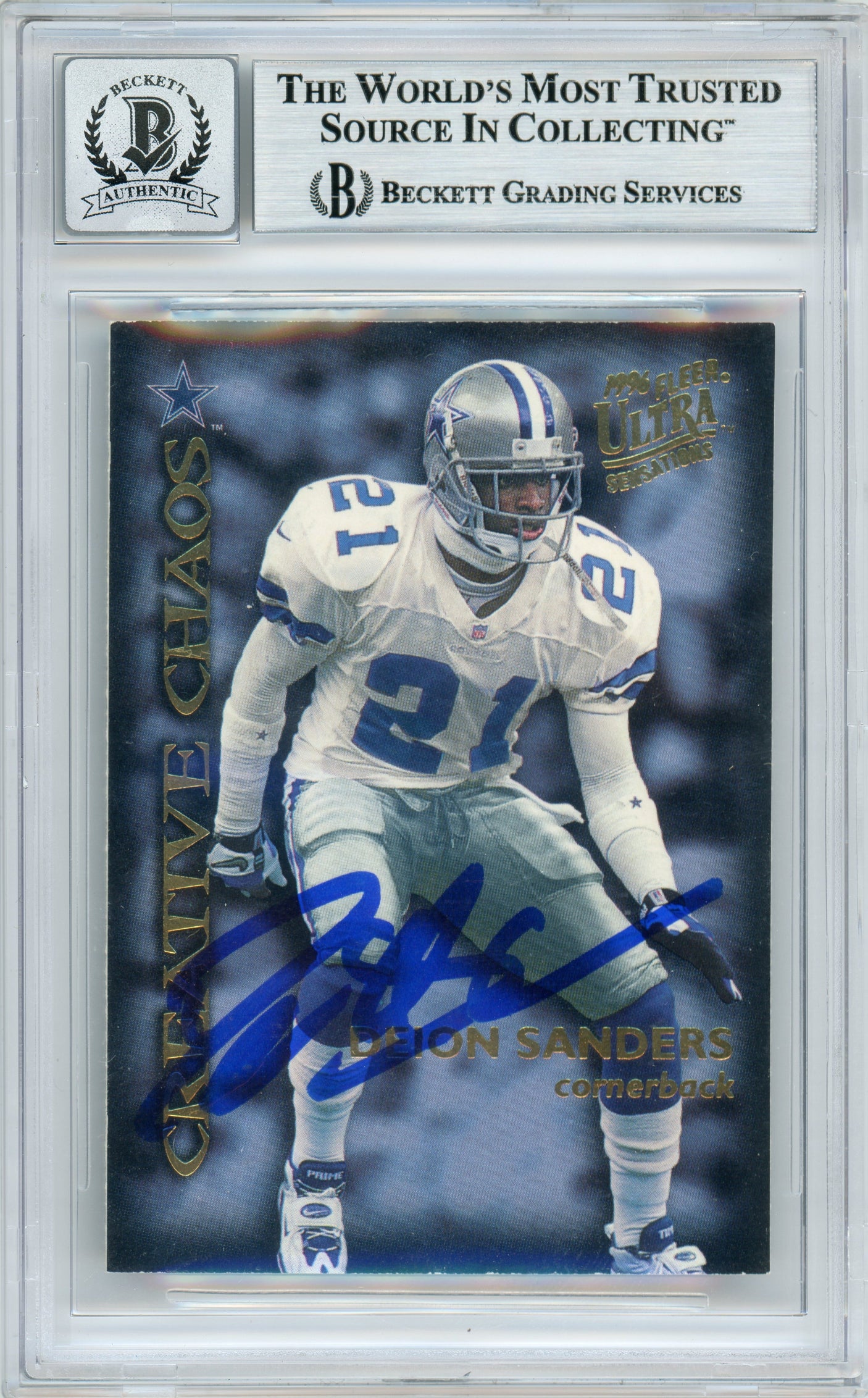 1996 Fleer Ultra Sensations Creative Chaos #1E Emmitt Smith & Deion Sanders Cowboys BGS Auto 10