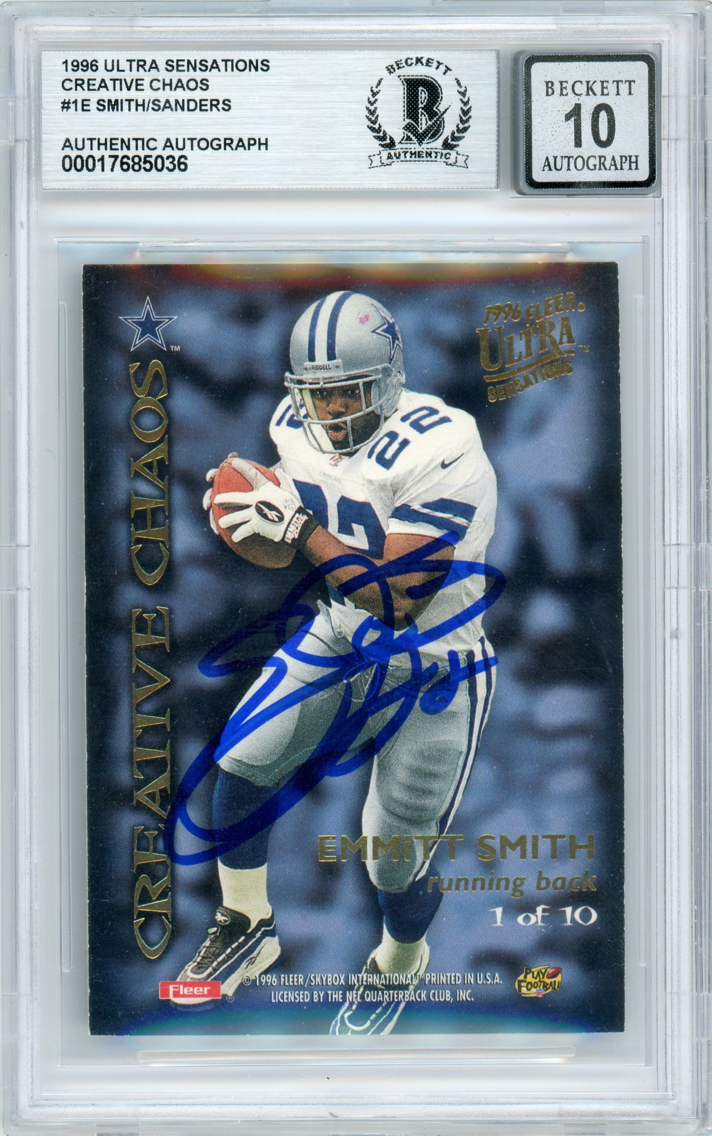 1996 Fleer Ultra Sensations Creative Chaos #1E Emmitt Smith & Deion Sanders Cowboys BGS Auto 10