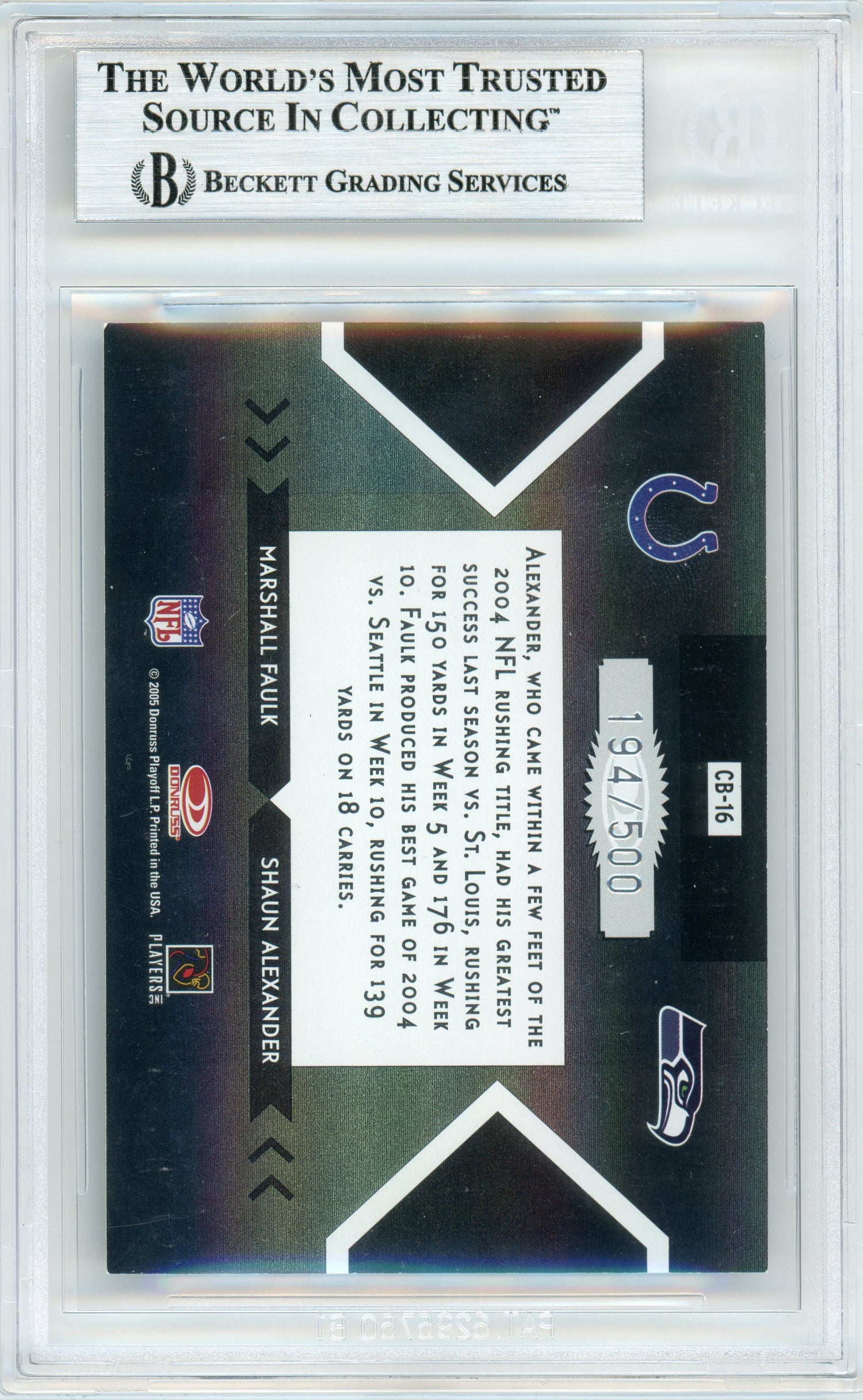 2005 Donruss Elite Face 2 Face Black #CB-16 Marshall Faulk & Shaun Alexander /500 BGS Auto
