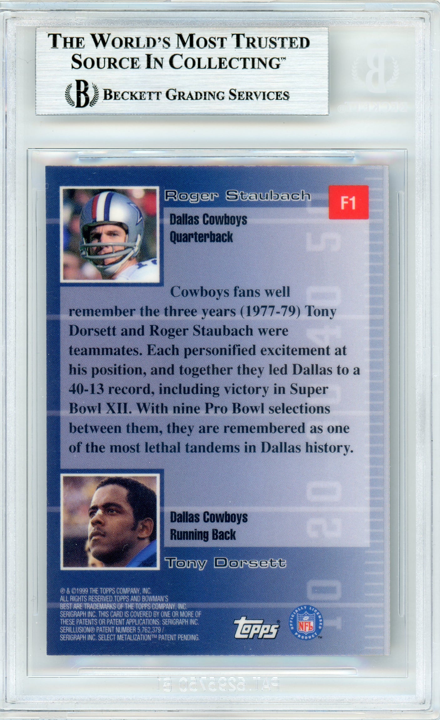1999 Bowman's Best Franchise Favorites #F1 Roger Staubach & Tony Dorsett Cowboys BGS Autograph