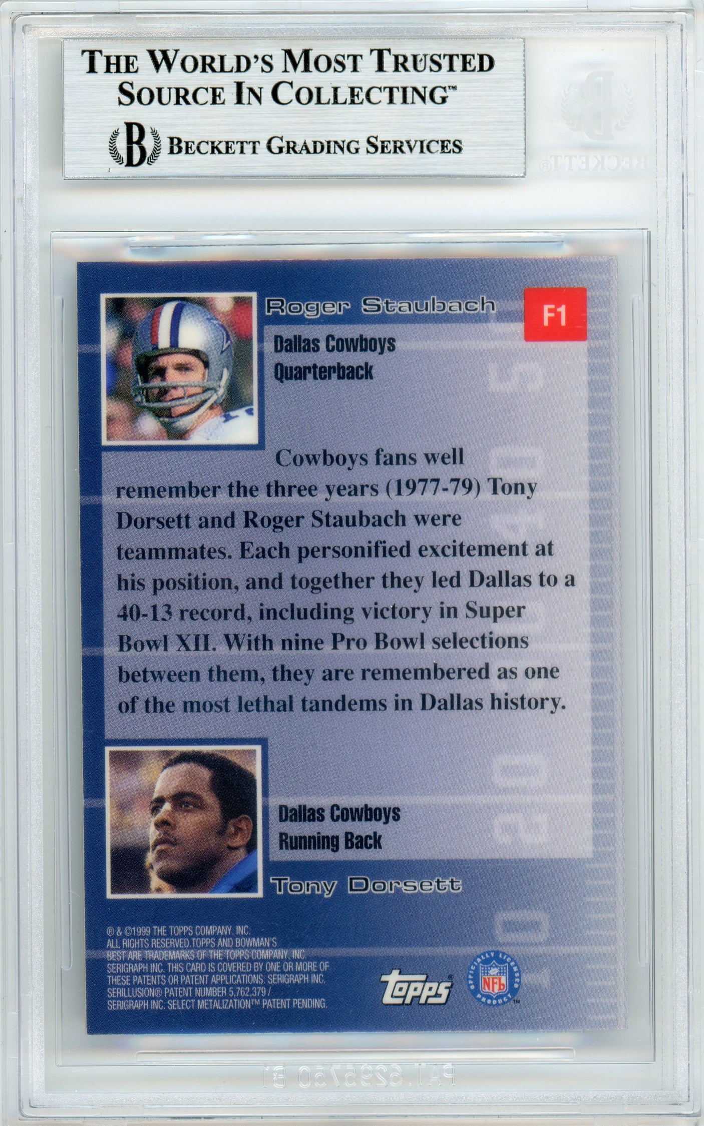1999 Bowman's Best Franchise Favorites #F1 Roger Staubach & Tony Dorsett Cowboys BGS Autograph