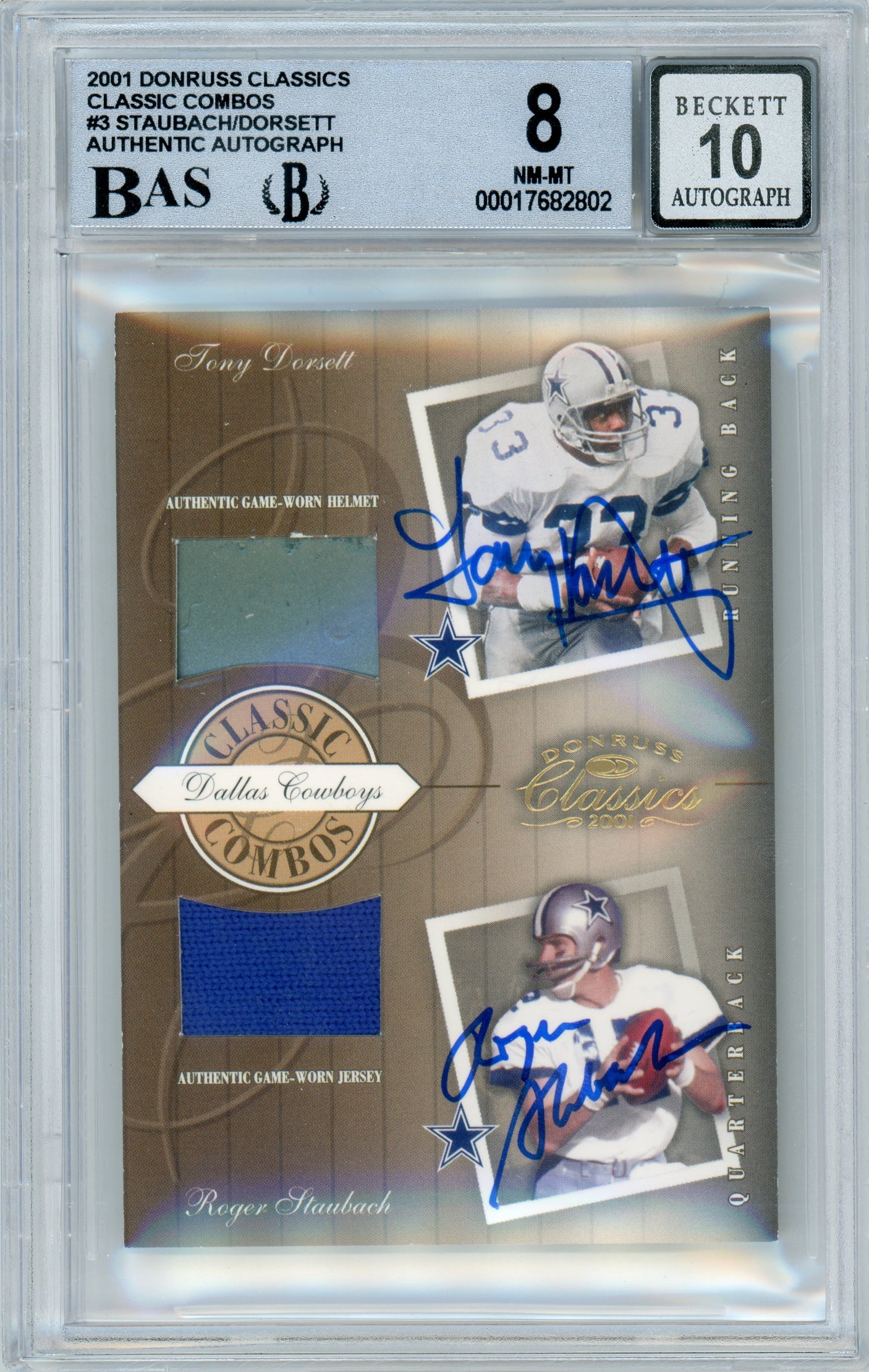 2001 Donruss Classics- Classic Combos #3 Staubach & Dorsett /100 Game Used Cowboys BGS 8 Auto 10