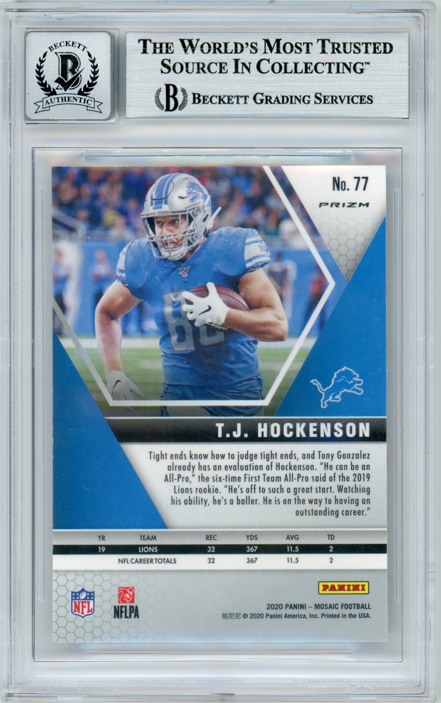 2020 Panini Mosaic Reactive Gold #77 T.J. Hockenson Lions BGS Autograph 10