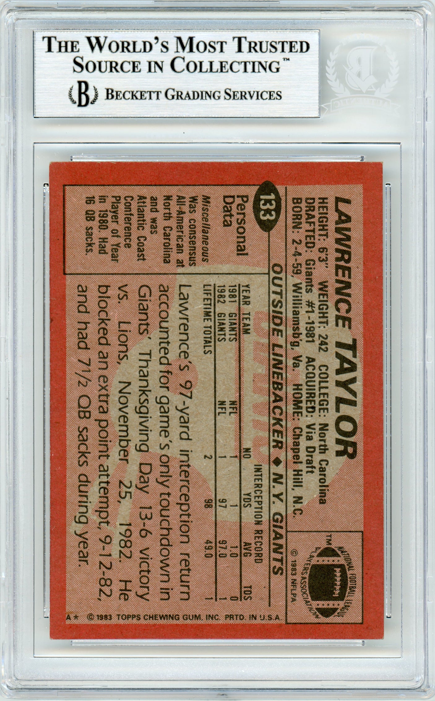 1983 Topps #133 Lawrence Taylor Giants BGS Autograph