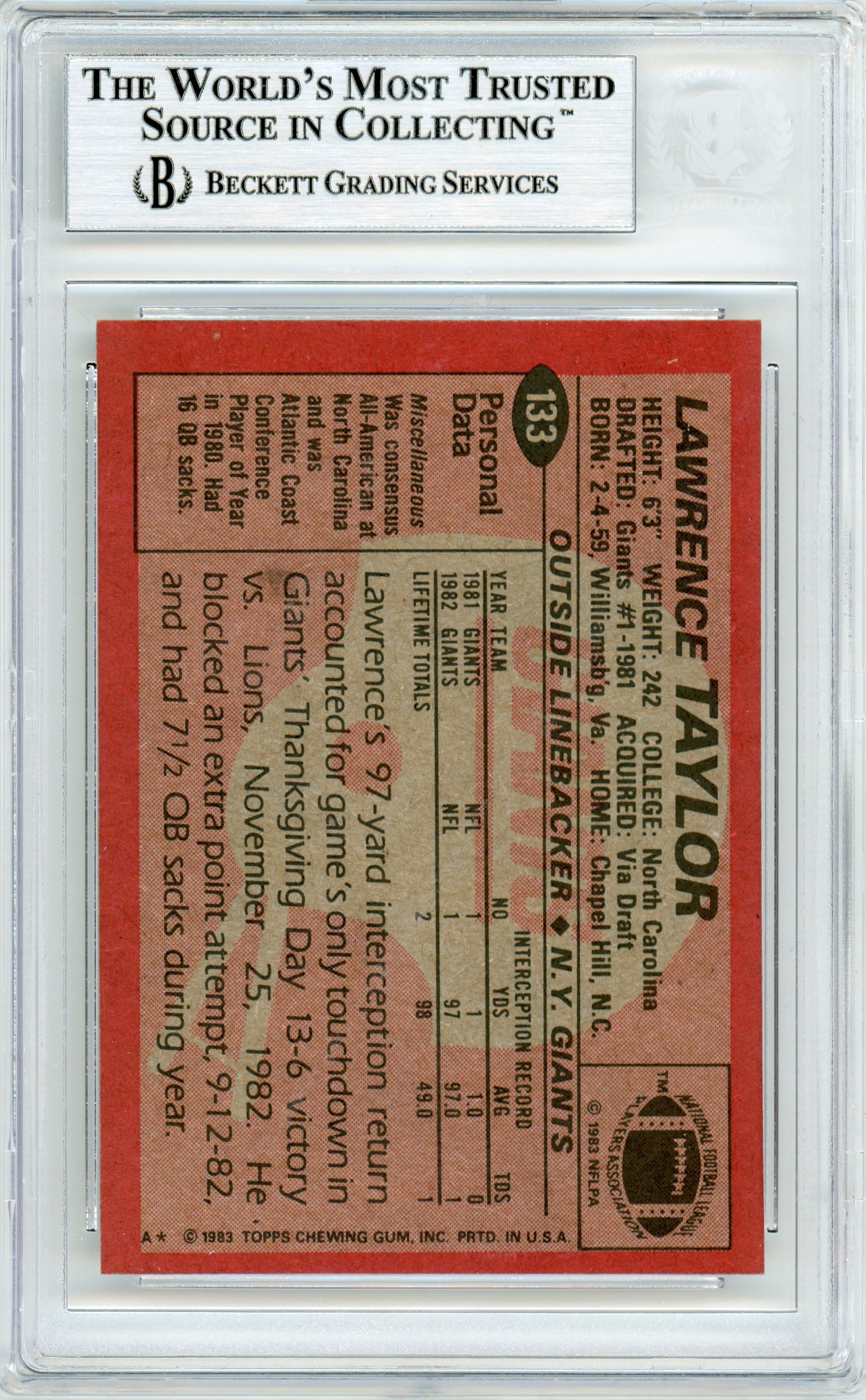 1983 Topps #133 Lawrence Taylor Giants BGS Autograph