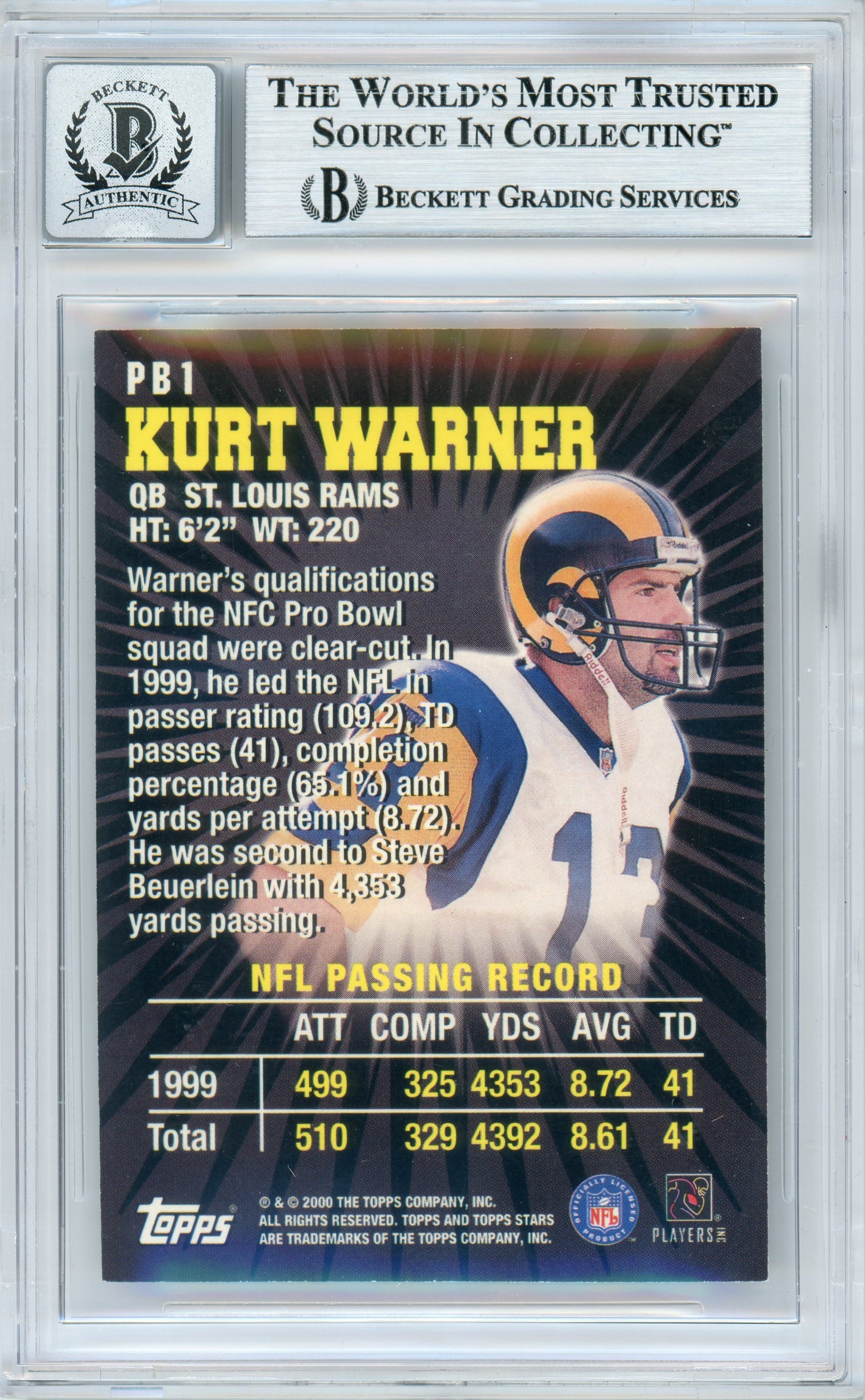 2000 Topps Stars Pro Bowl Powerhouse #PB1 Kurt Warner Rams BGS Autograph 10