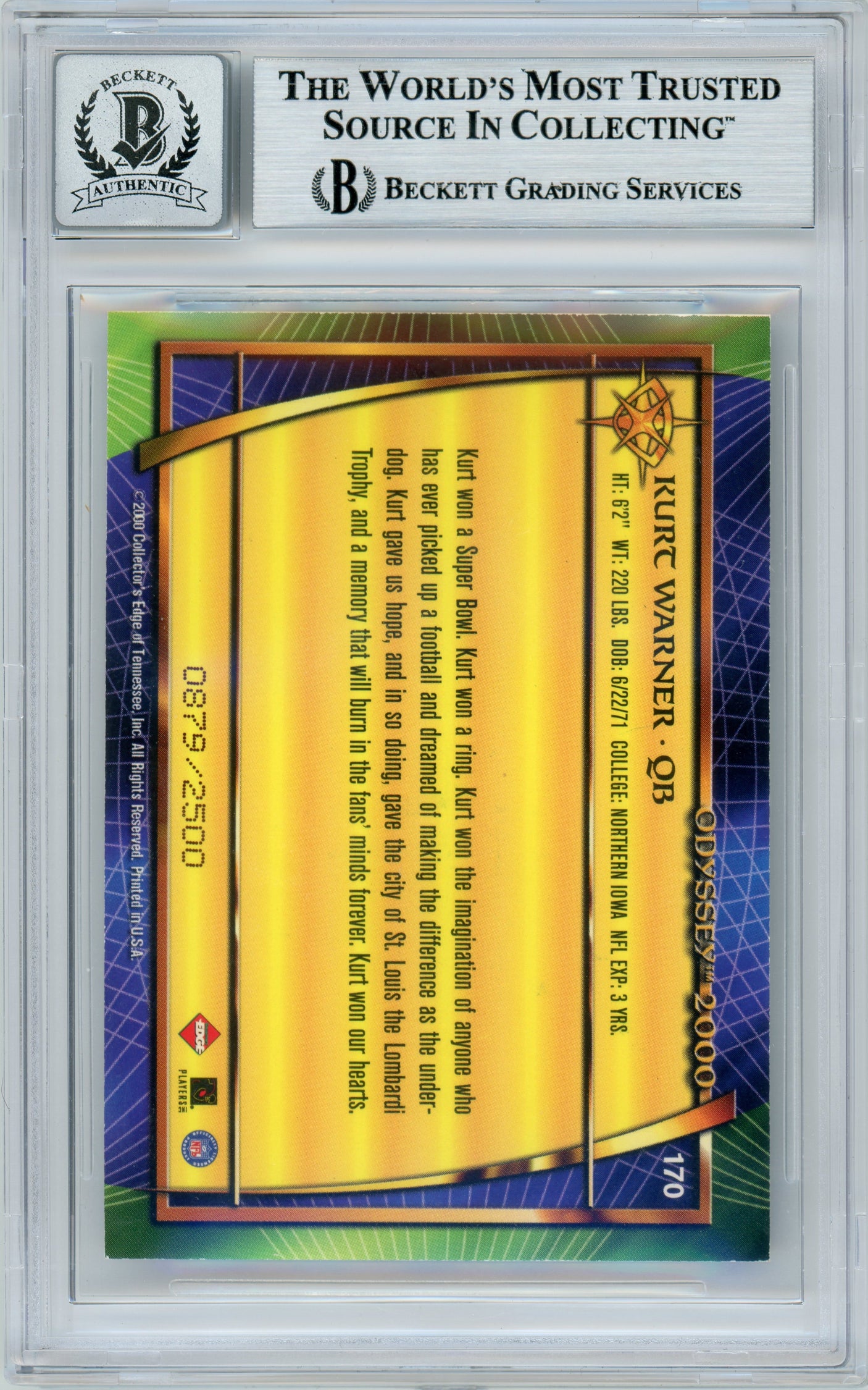 2000 Collector's Edge Odyssey Survivor #170 Kurt Warner /2500 Rams BGS Autograph 10