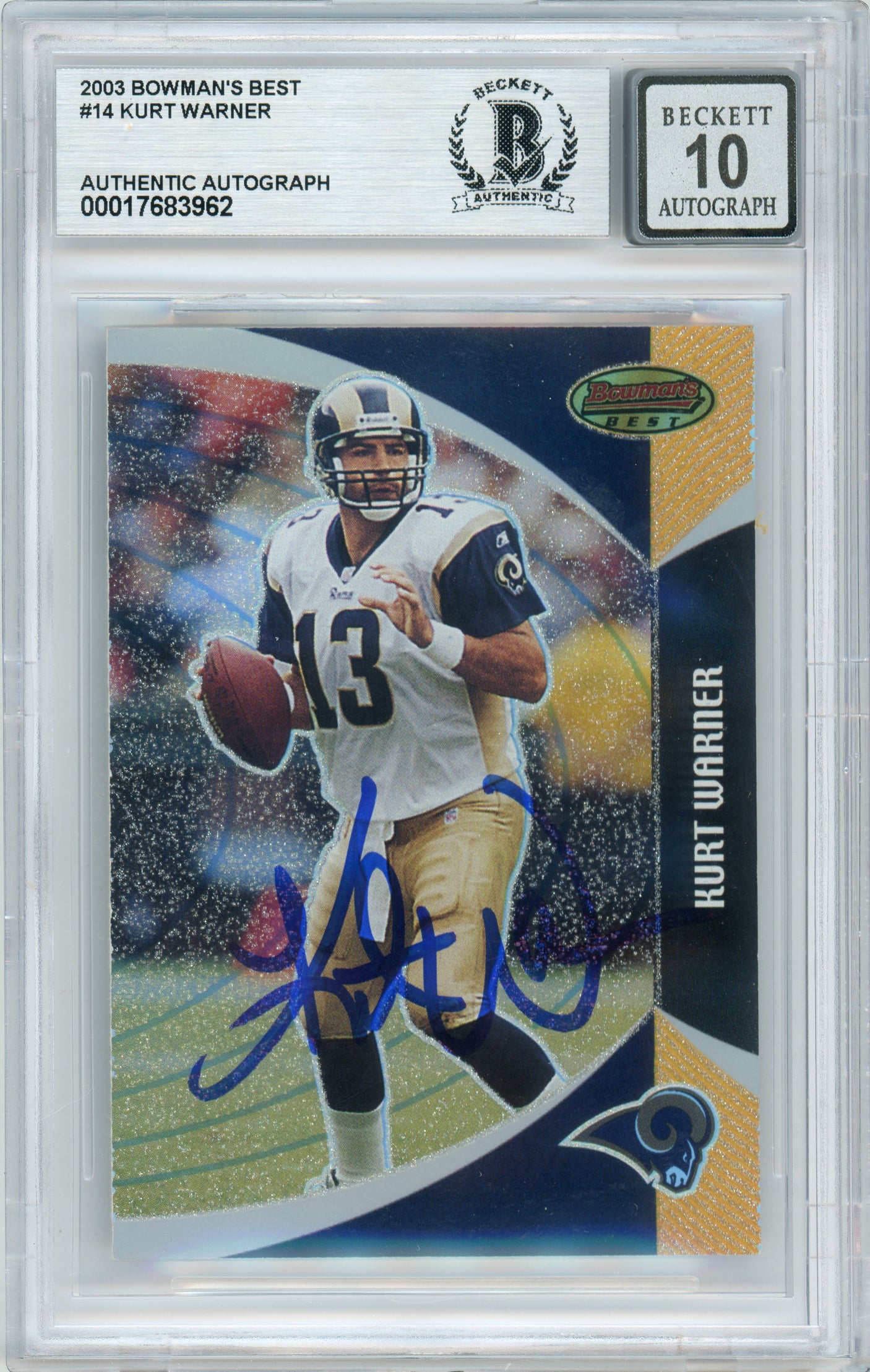 2003 Bowman's Best #14 Kurt Warner Rams BGS Autograph 10