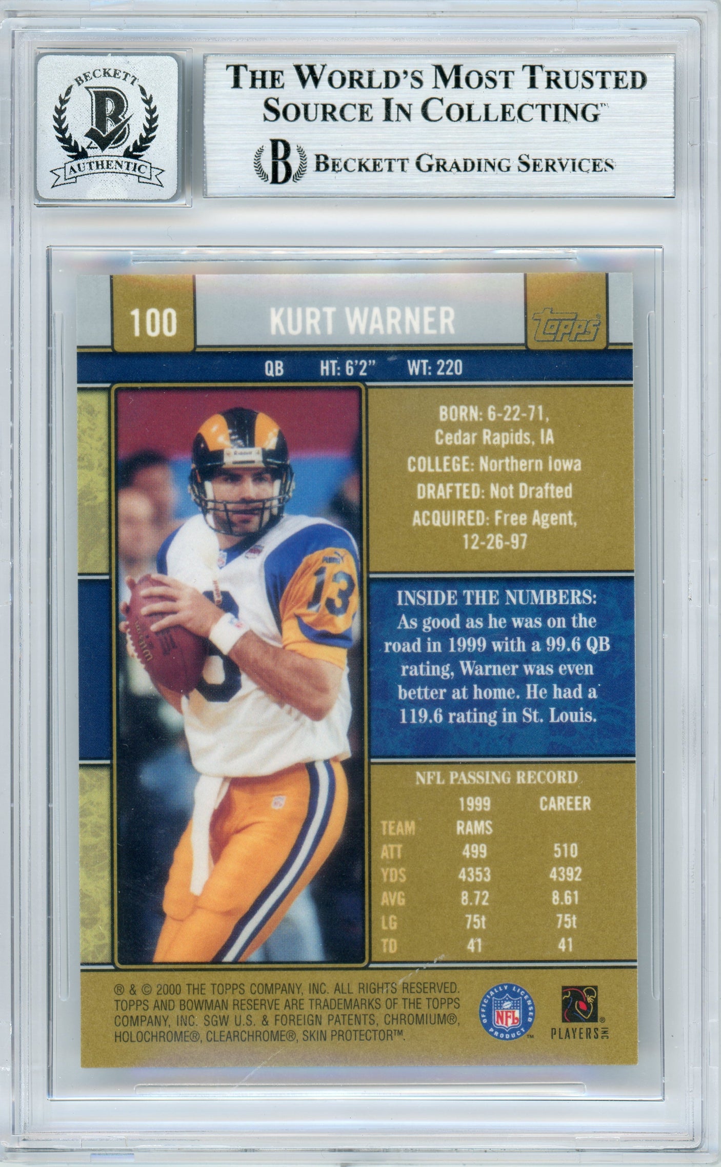 2000 Bowman Reserve #100 Kurt Warner Rams BGS Autograph 10