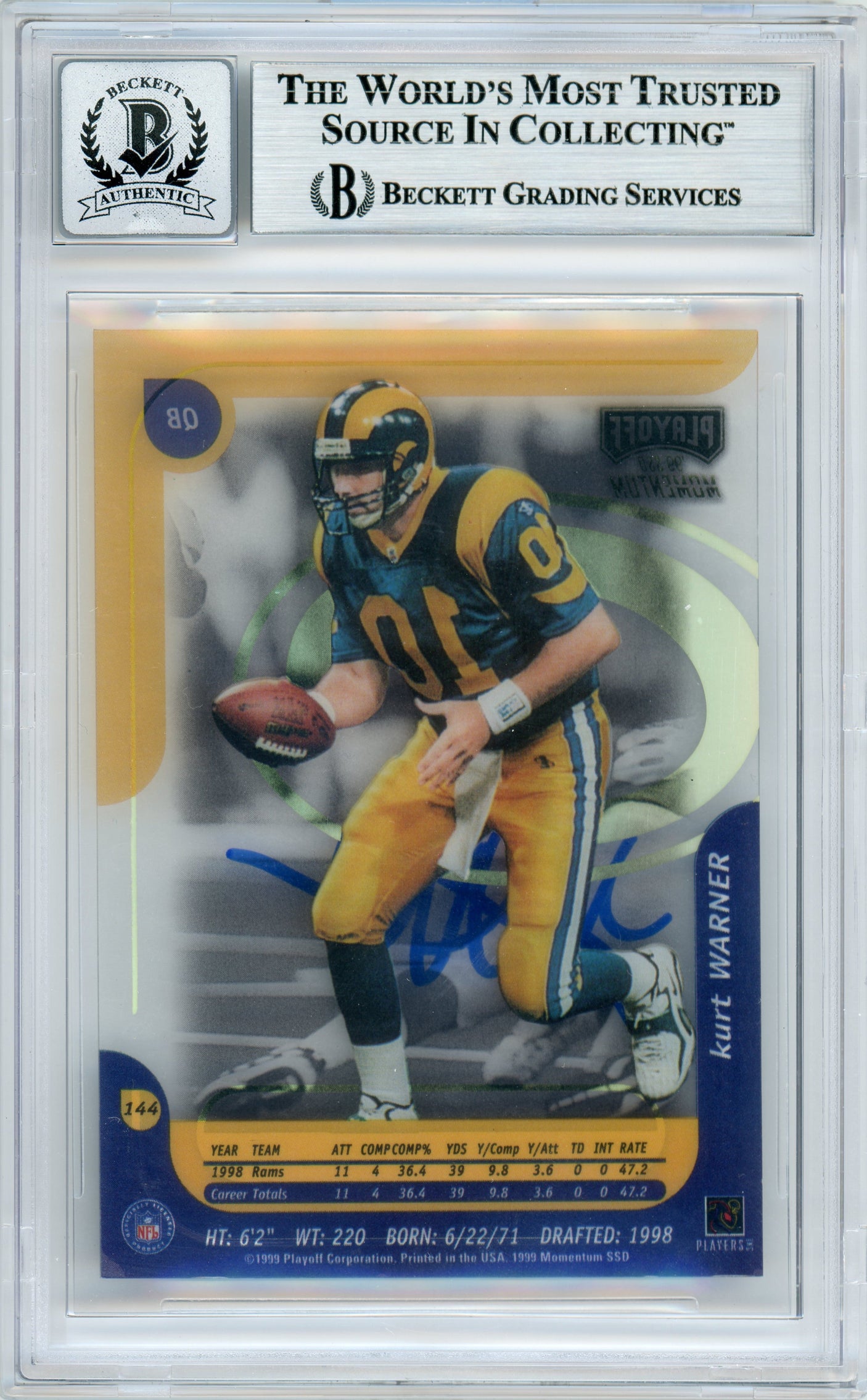 1999 Playoff Momentum SSD #144 Kurt Warner RC Rams BGS Autograph 10