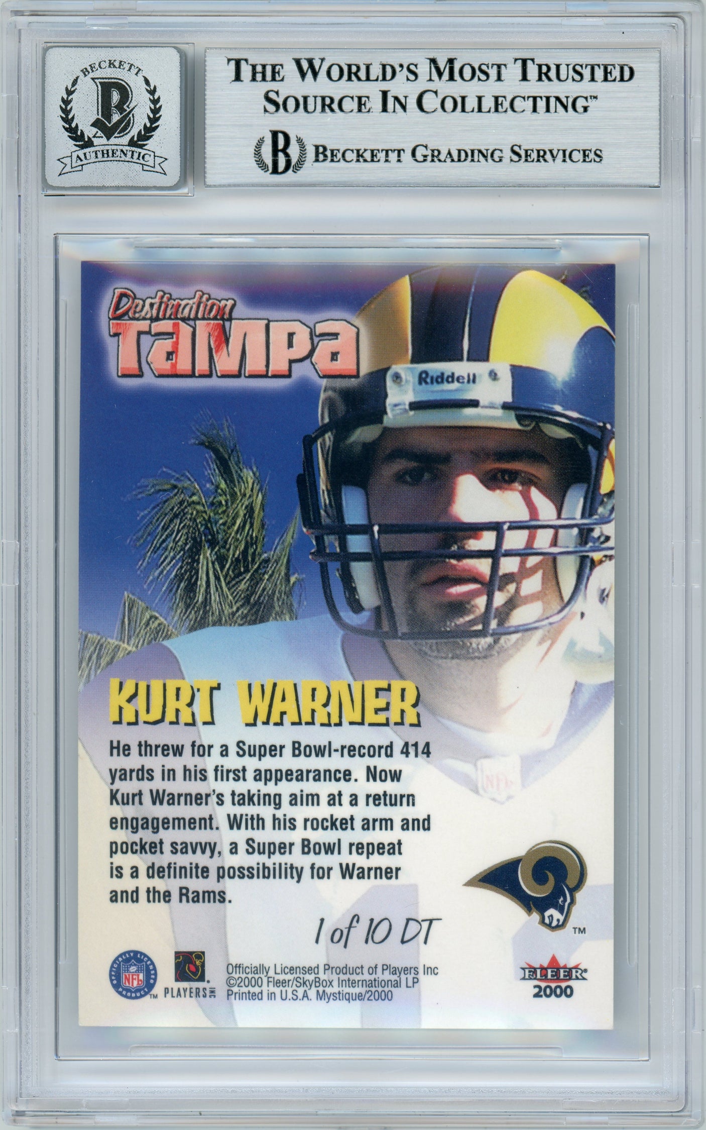 2000 Fleer Mystique Destination Tampa #1 Kurt Warner Rams BGS Autograph 10