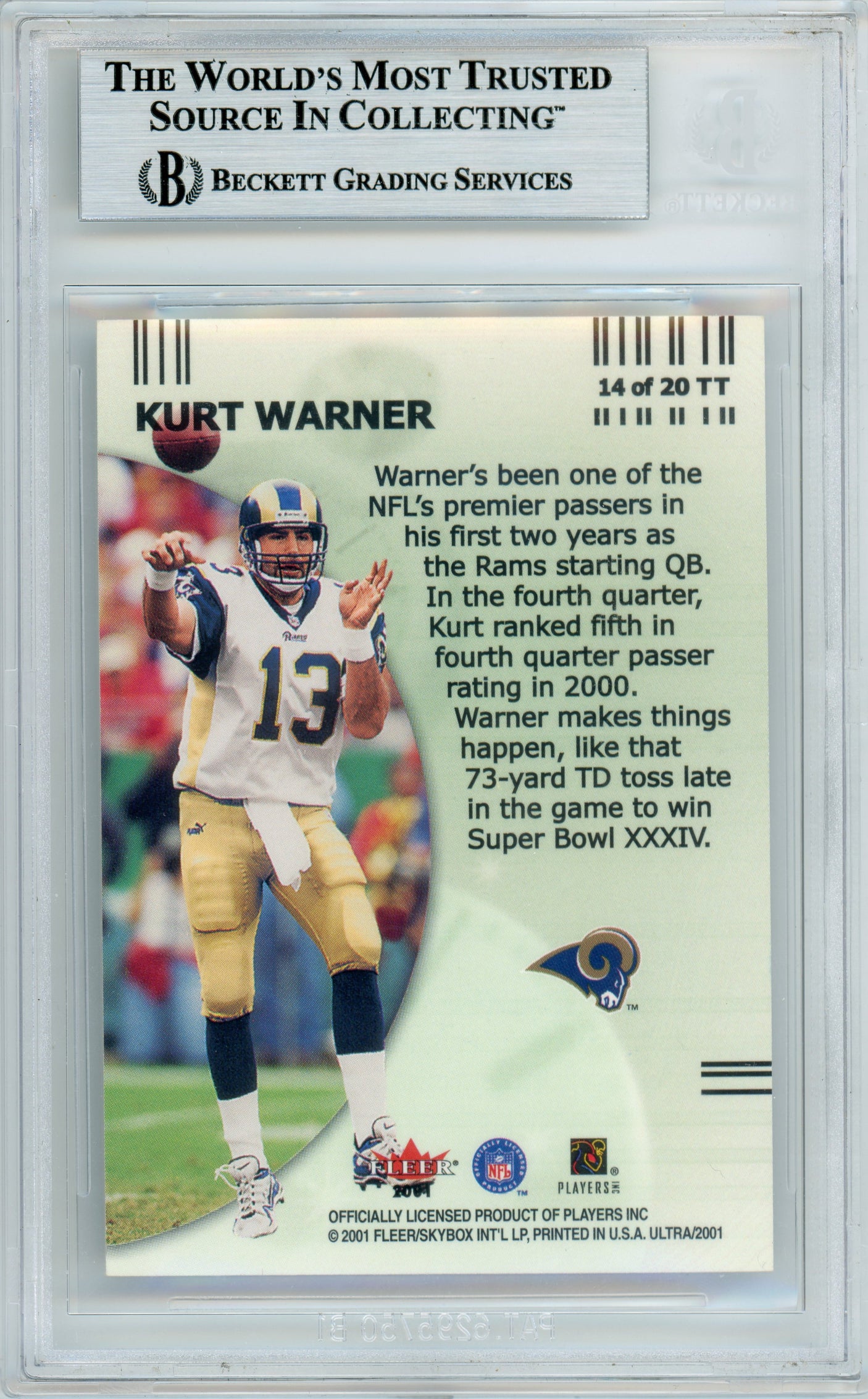 2001 Fleer Ultra Two Minute Thrill #14 Kurt Warner Rams BGS Autograph