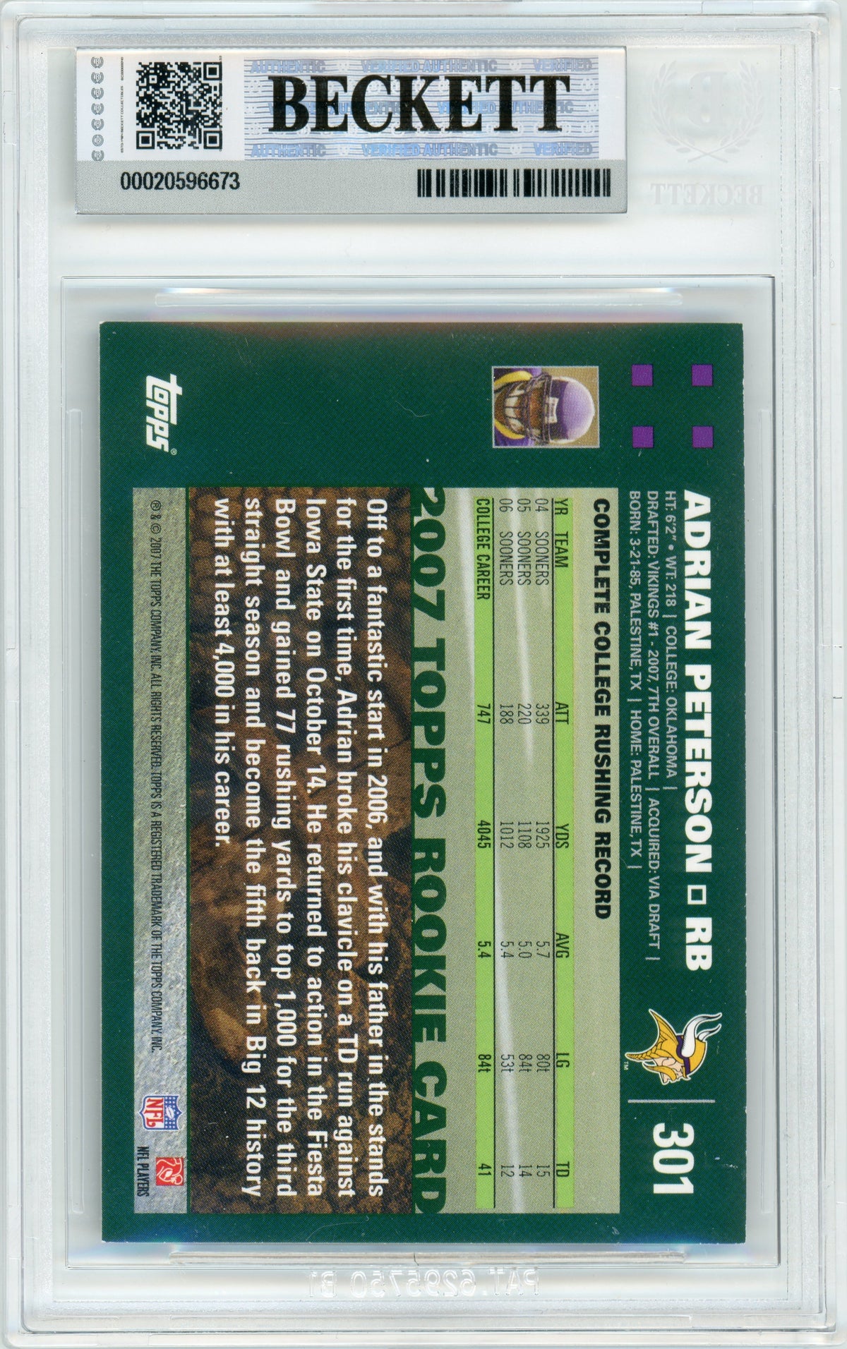 2007 Topps #301 Adrian Peterson Rookie BGS Autograph 10