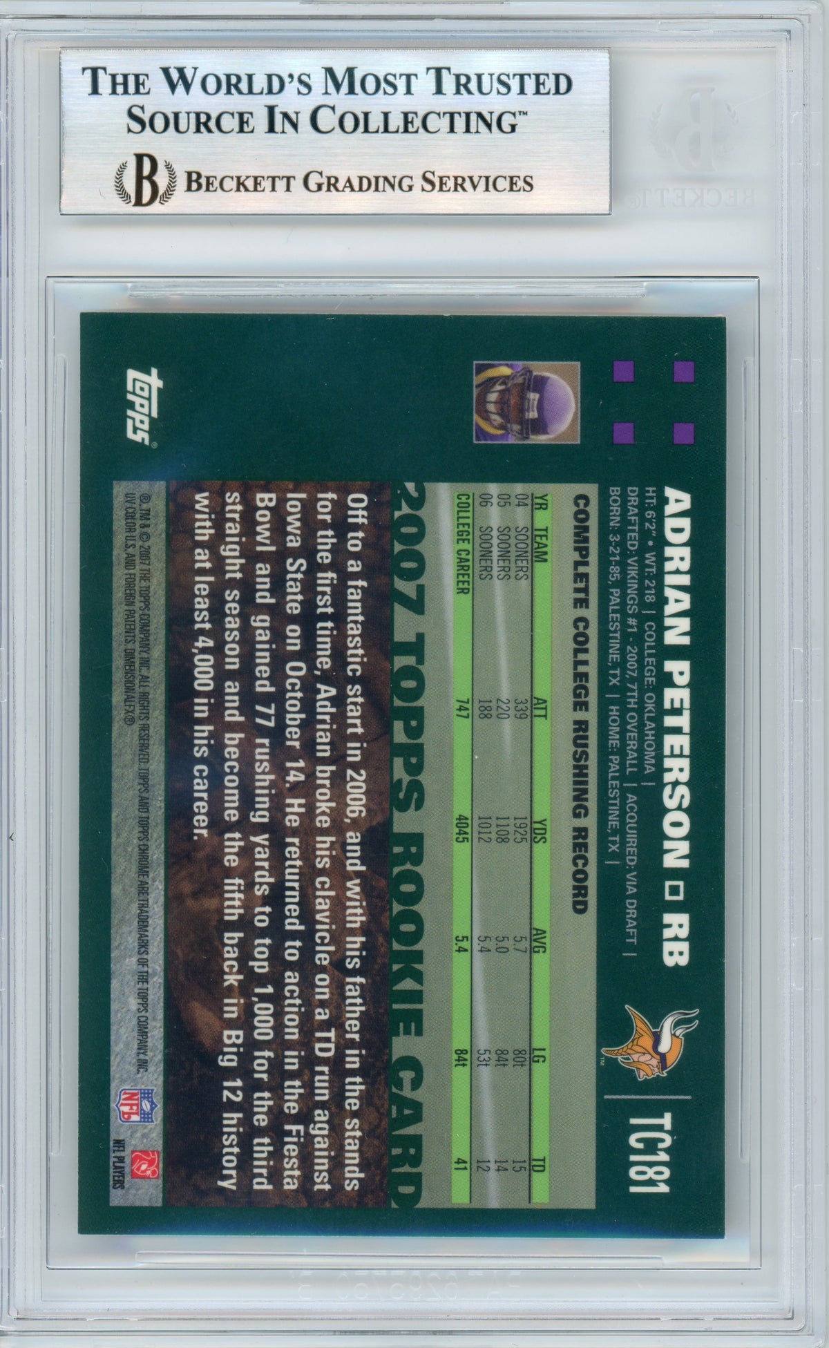 2007 Topps Chrome #TC181 Adrian Peterson Rookie BGS Autograph