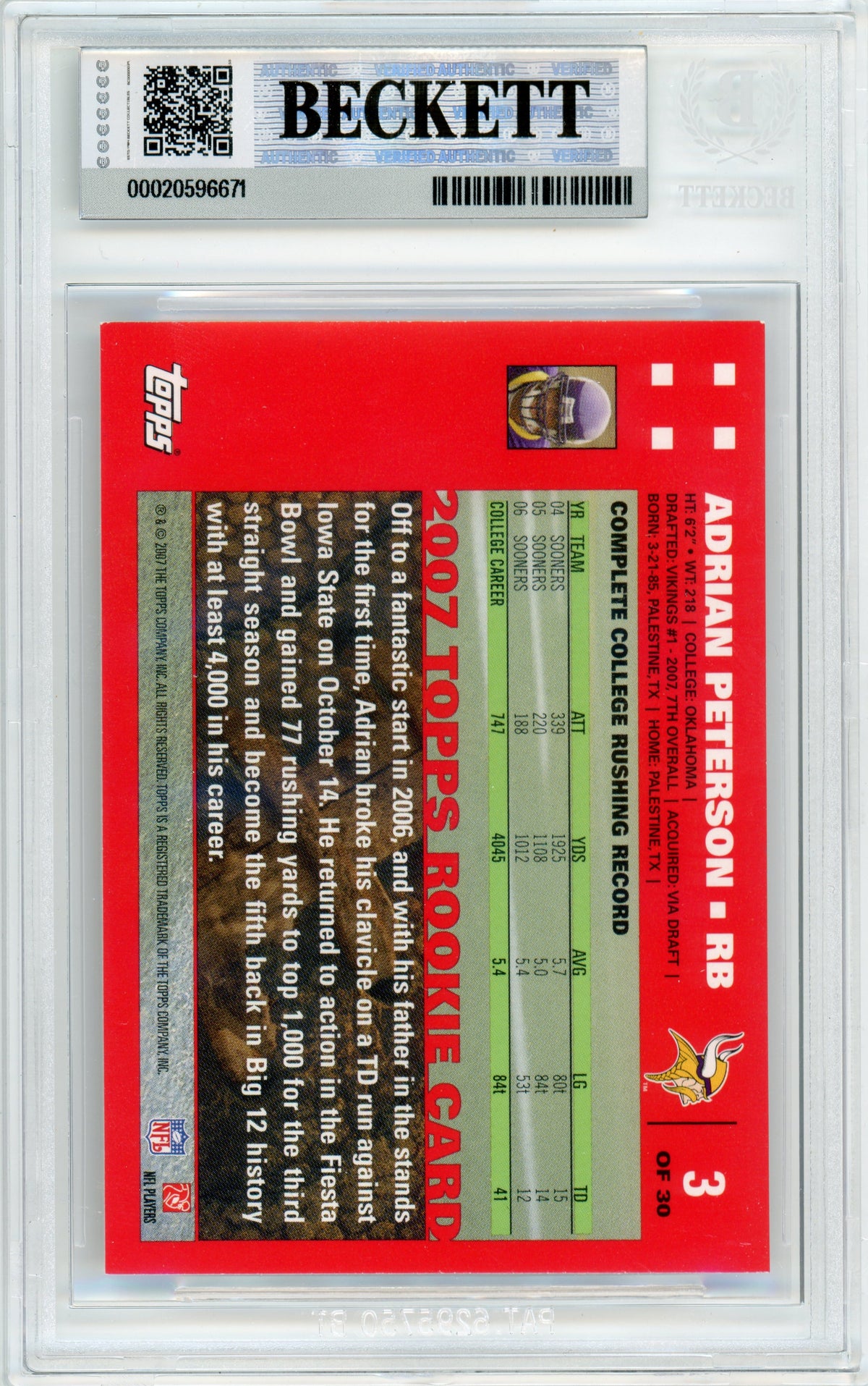 2007 Topps - Exclusive Rookies Wht #3 Adrian Peterson Vikings BGS Autograph 10
