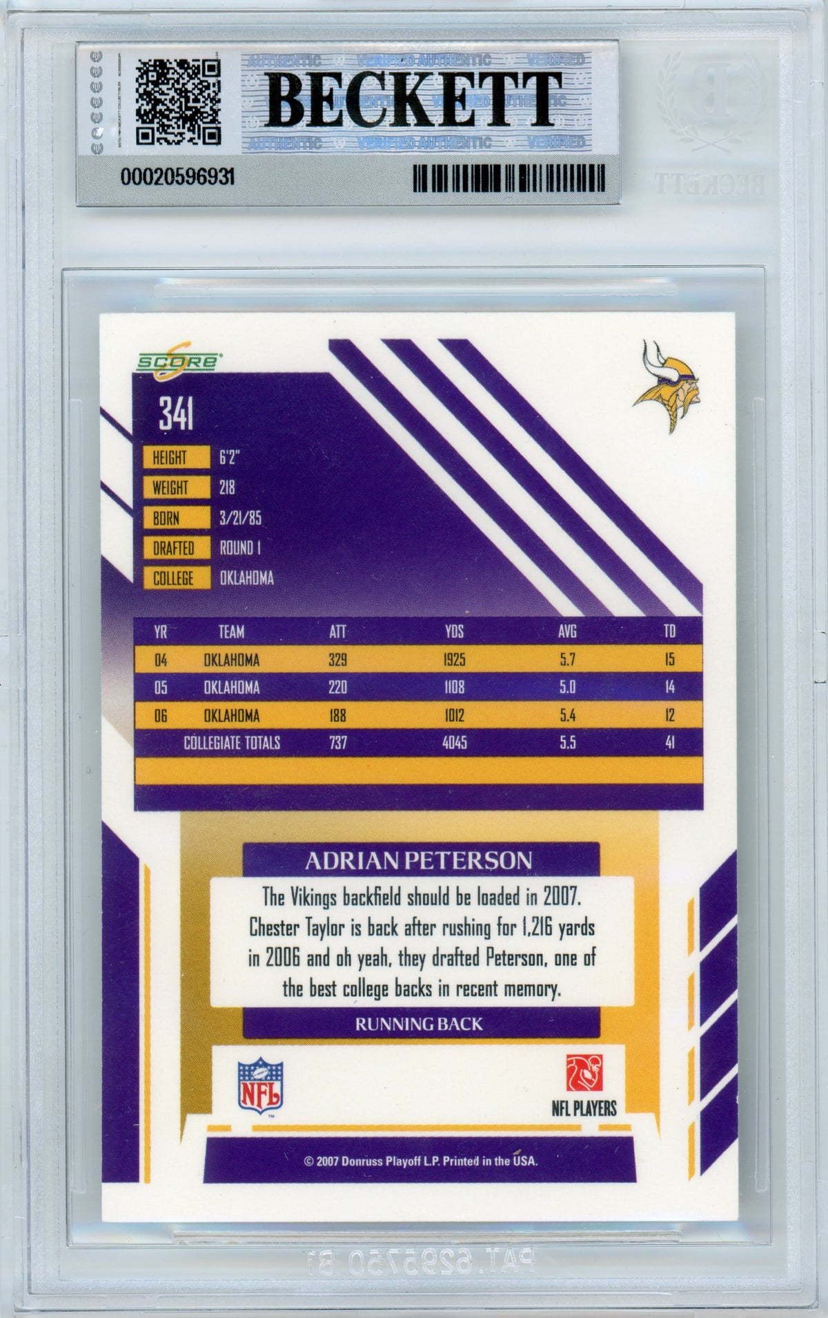 2007 Score #341 Adrian Peterson Rookie Vikings BGS Autograph 10
