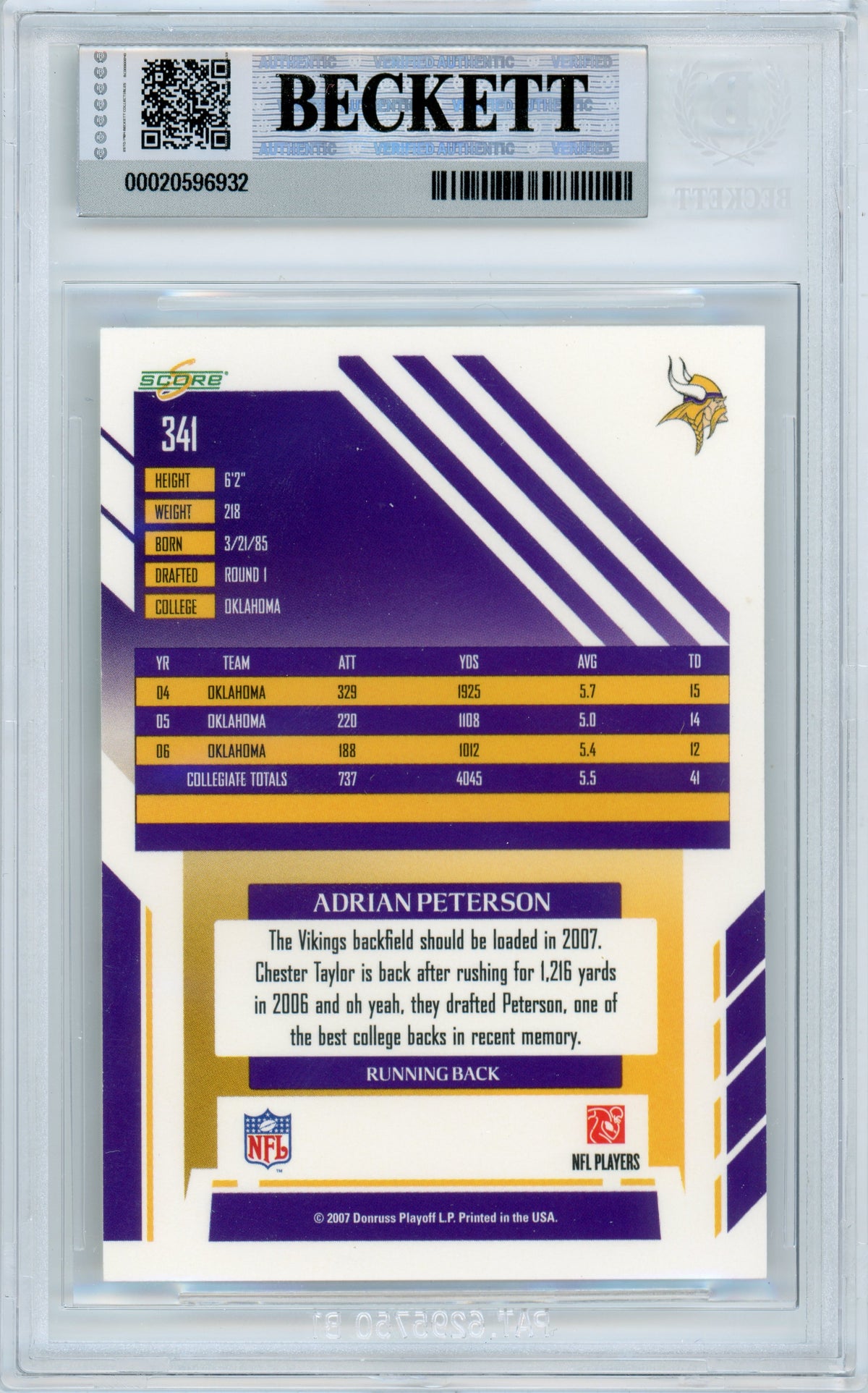 2007 Score #341 Adrian Peterson Rookie Vikings BGS Autograph 10