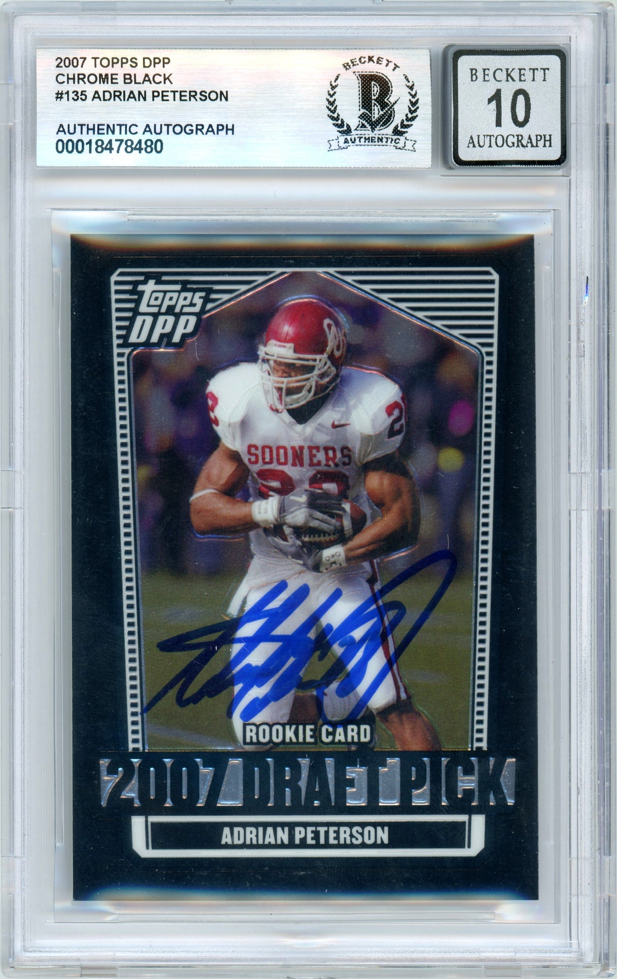 2007 Topps DPP Chrome - Black #135 Adrian Peterson Rookie Oklahoma BGS Autograph 10