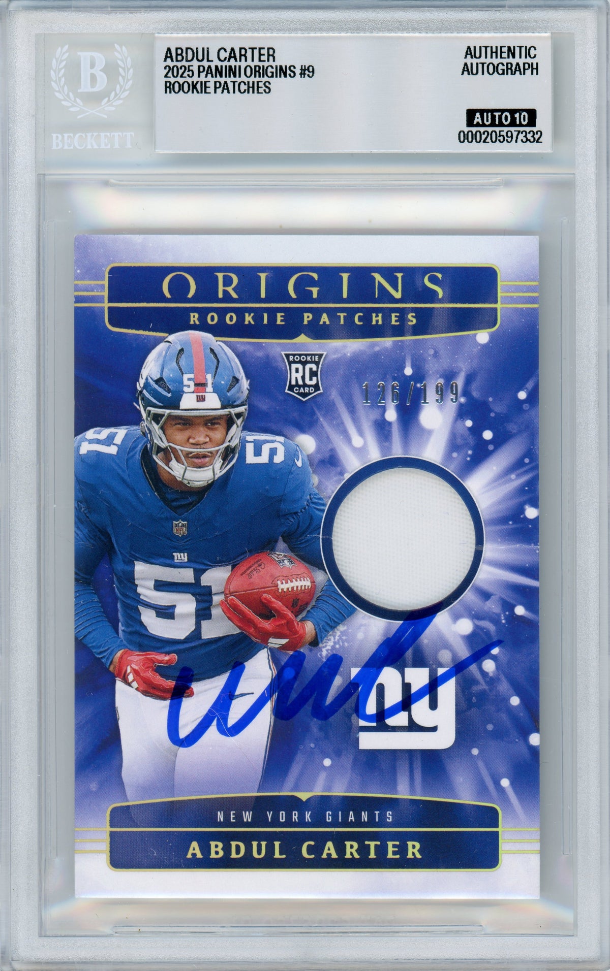 2025 Origins - Rookie Patches /199 #RPH-ACR Abdul Carter RC Giants BGS Autograph 10