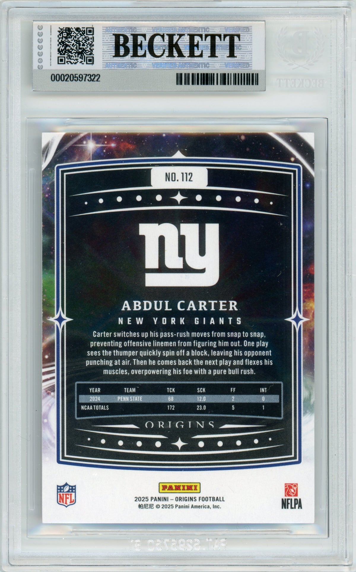 2025 Origins - Red Holo /299 #112 Abdul Carter RC New York Giants BGS Autograph 10