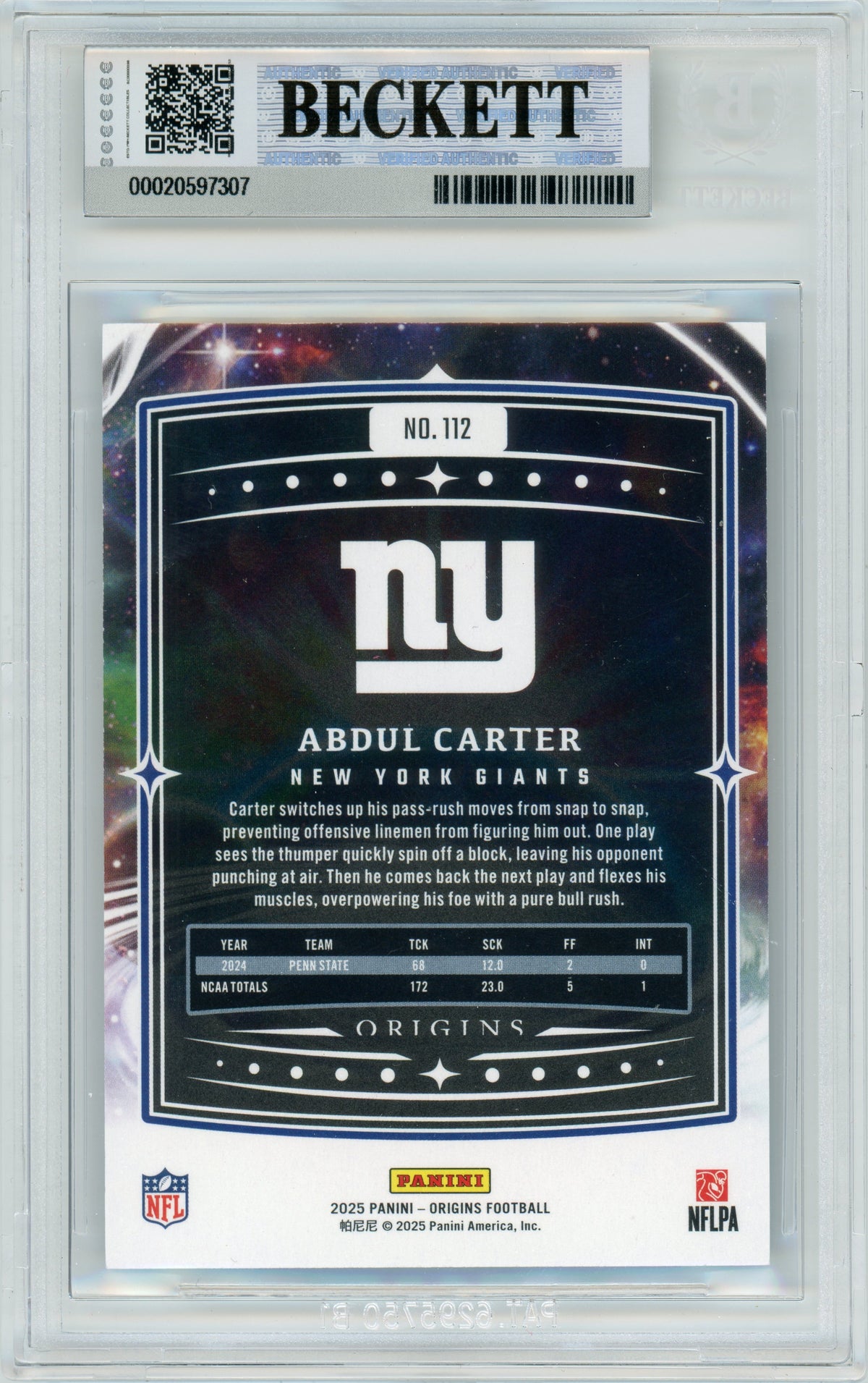 2025 Origins - Turquoise Holo /99 #112 Abdul Carter RC New York Giants BGS Autograph 10