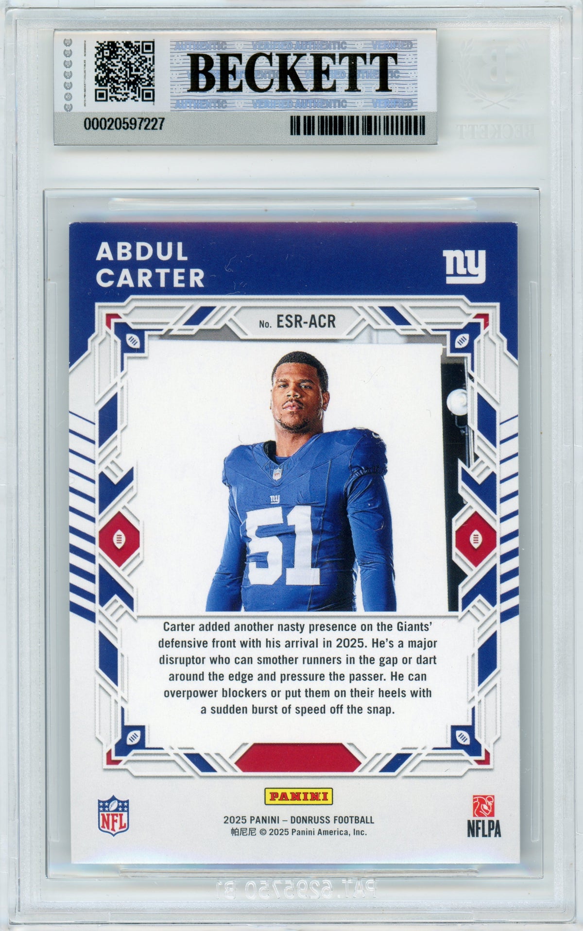 2025 Donruss - The Elite Series Rookies #ESR-ACR Abdul Carter RC Giants BGS Auto 10