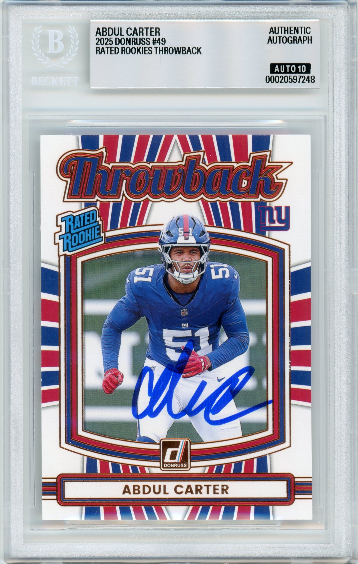 2025 Donruss - Throwback #49 Abdul Carter RC New York Giants BGS Autograph 10
