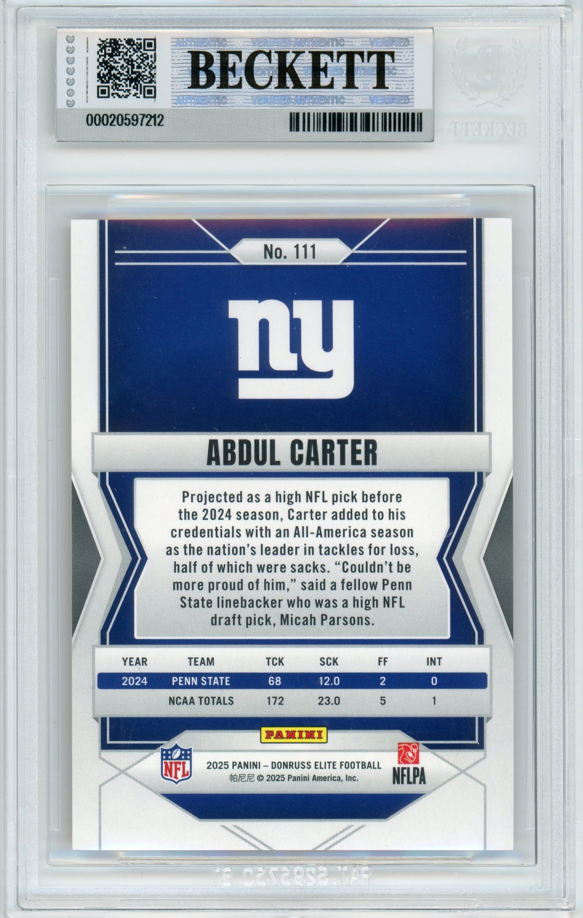 2025 Elite - Status Metallic Orange /849 #111 Abdul Carter RC New York Giants BGS Auto 10