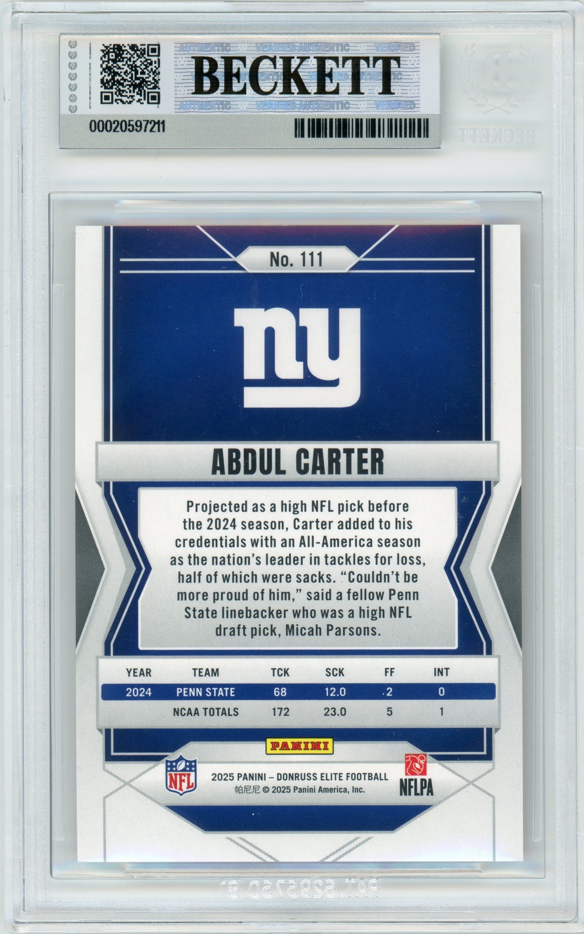 2025 Elite - Status Metallic Orange /849 #111 Abdul Carter RC New York Giants BGS Auto 10