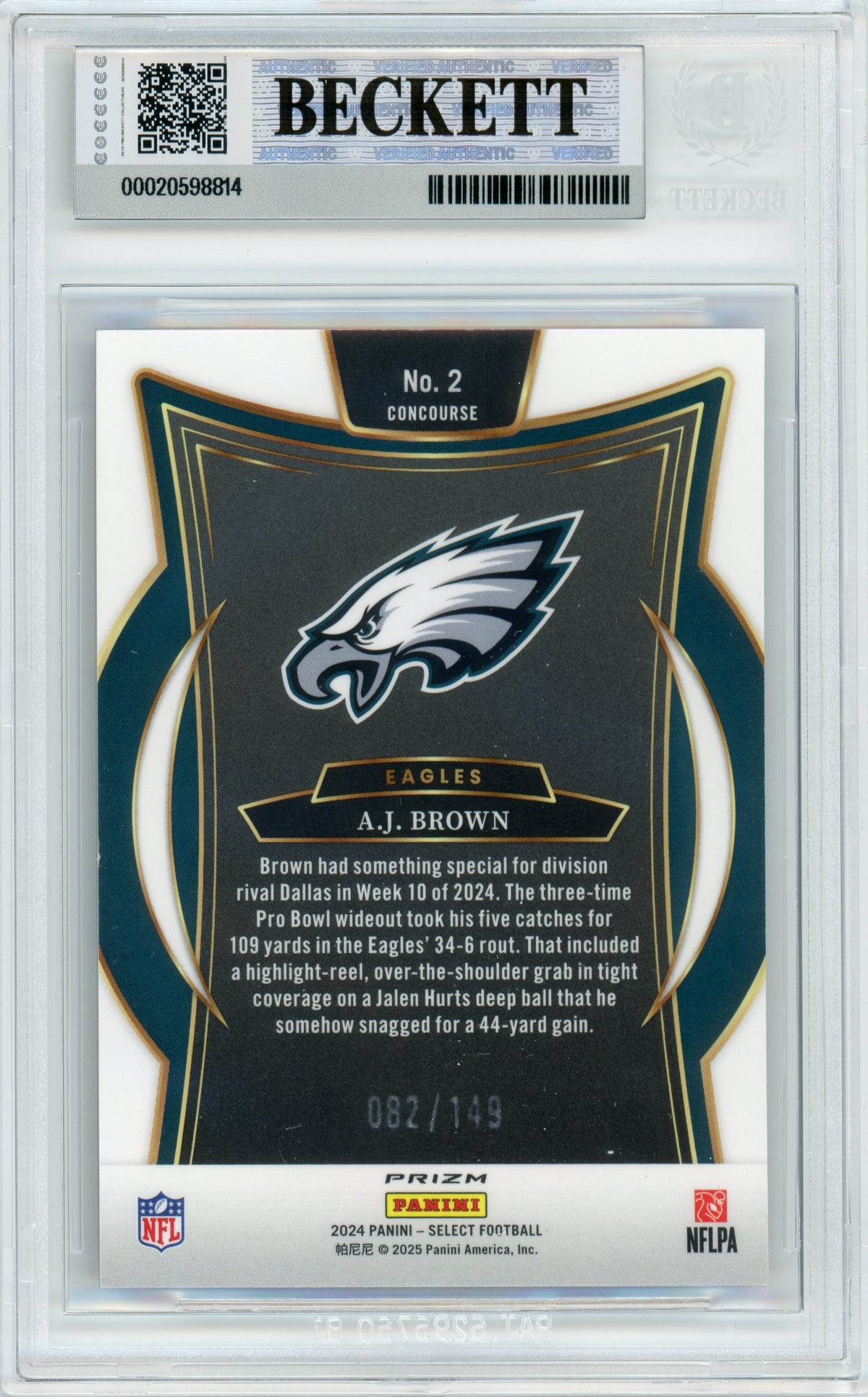 2024 Select - Maroon Prizm /149 #2 AJ Brown Philadelphia Eagles BGS Autograph 10