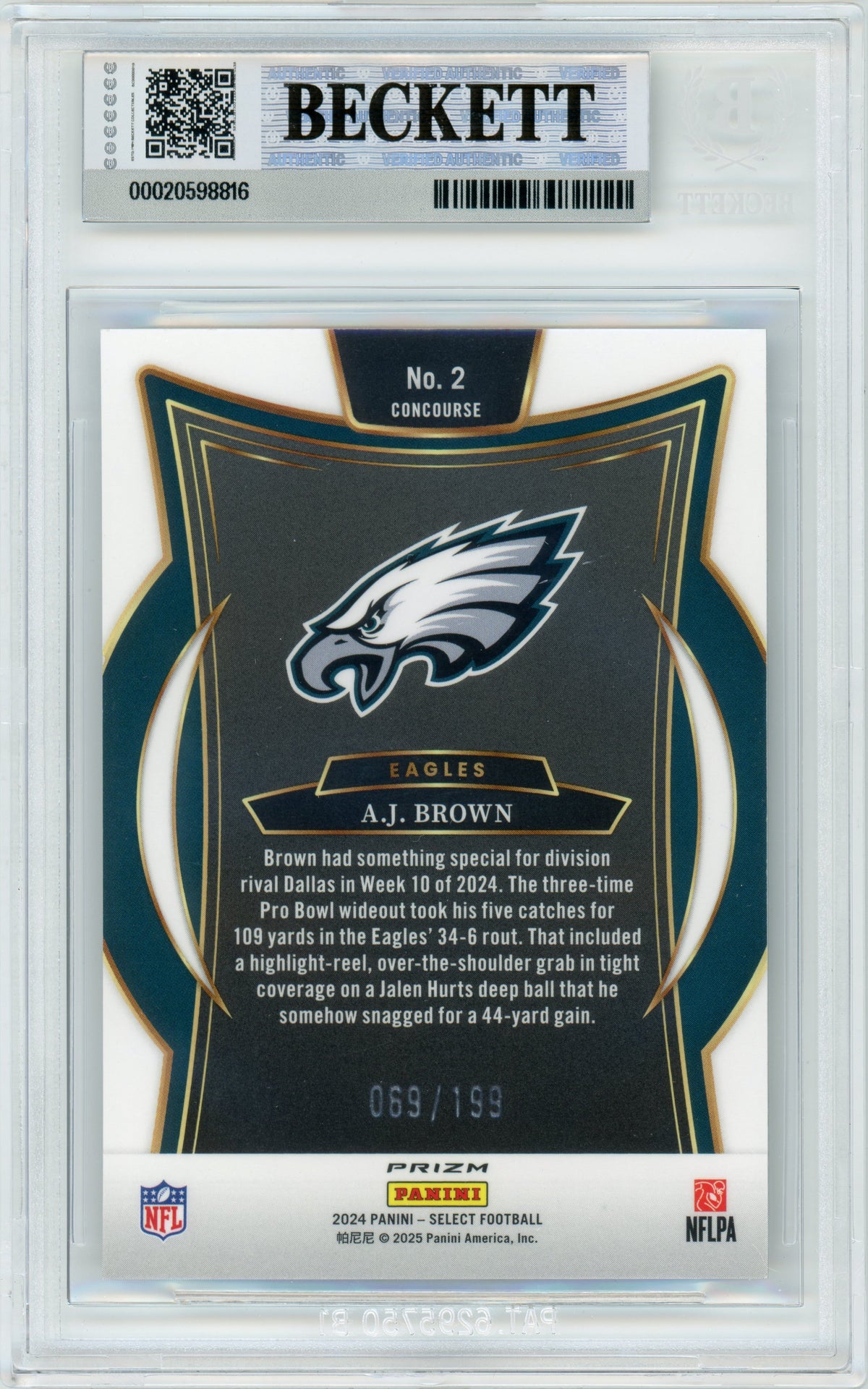 2024 Select - White Shock Prizm /199 #2 AJ Brown Philadelphia Eagles BGS Auto 10