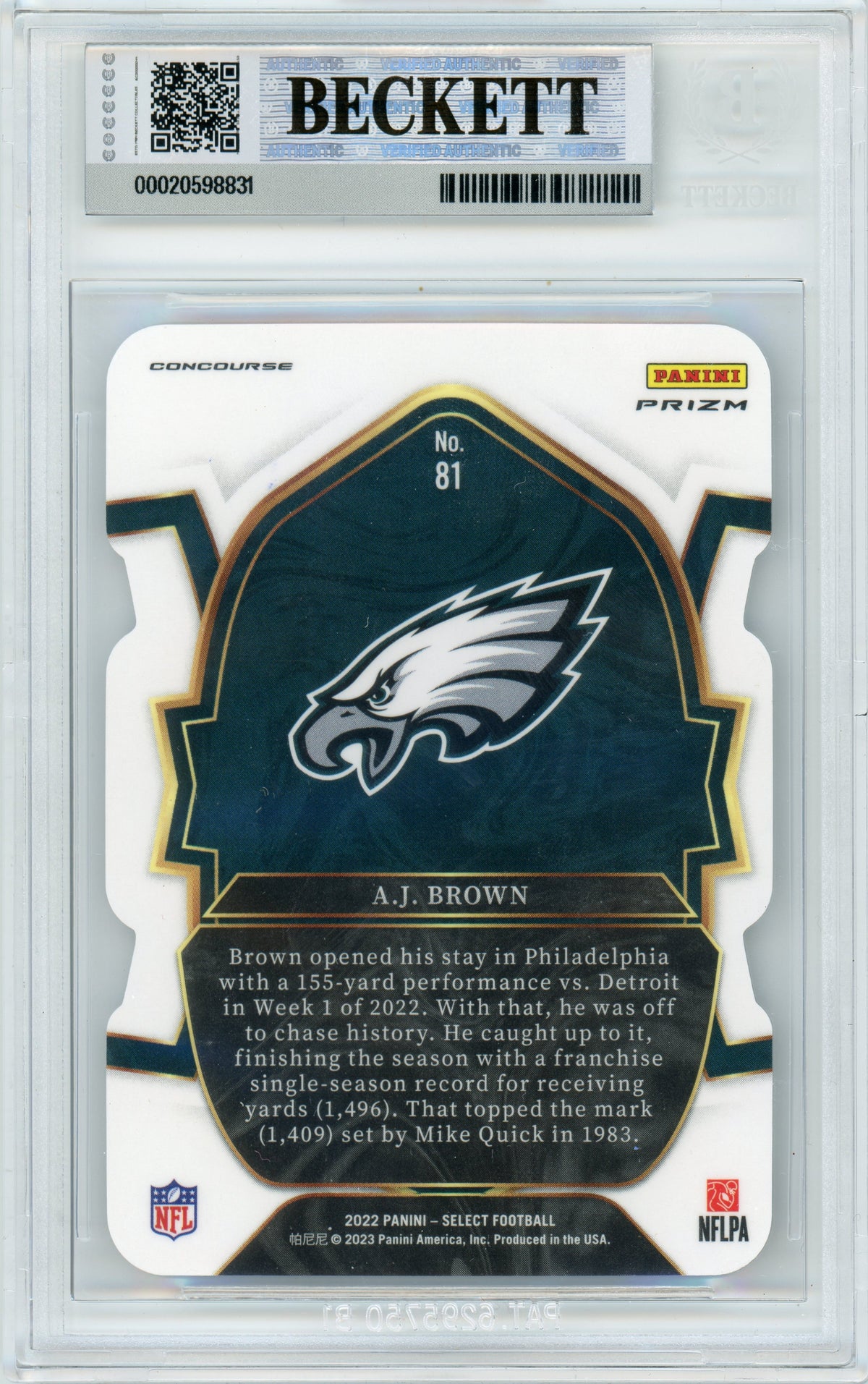 2022 Select - Silver Prizm Die Cut #81 AJ Brown Philadelphia Eagles BGS Autograph 10
