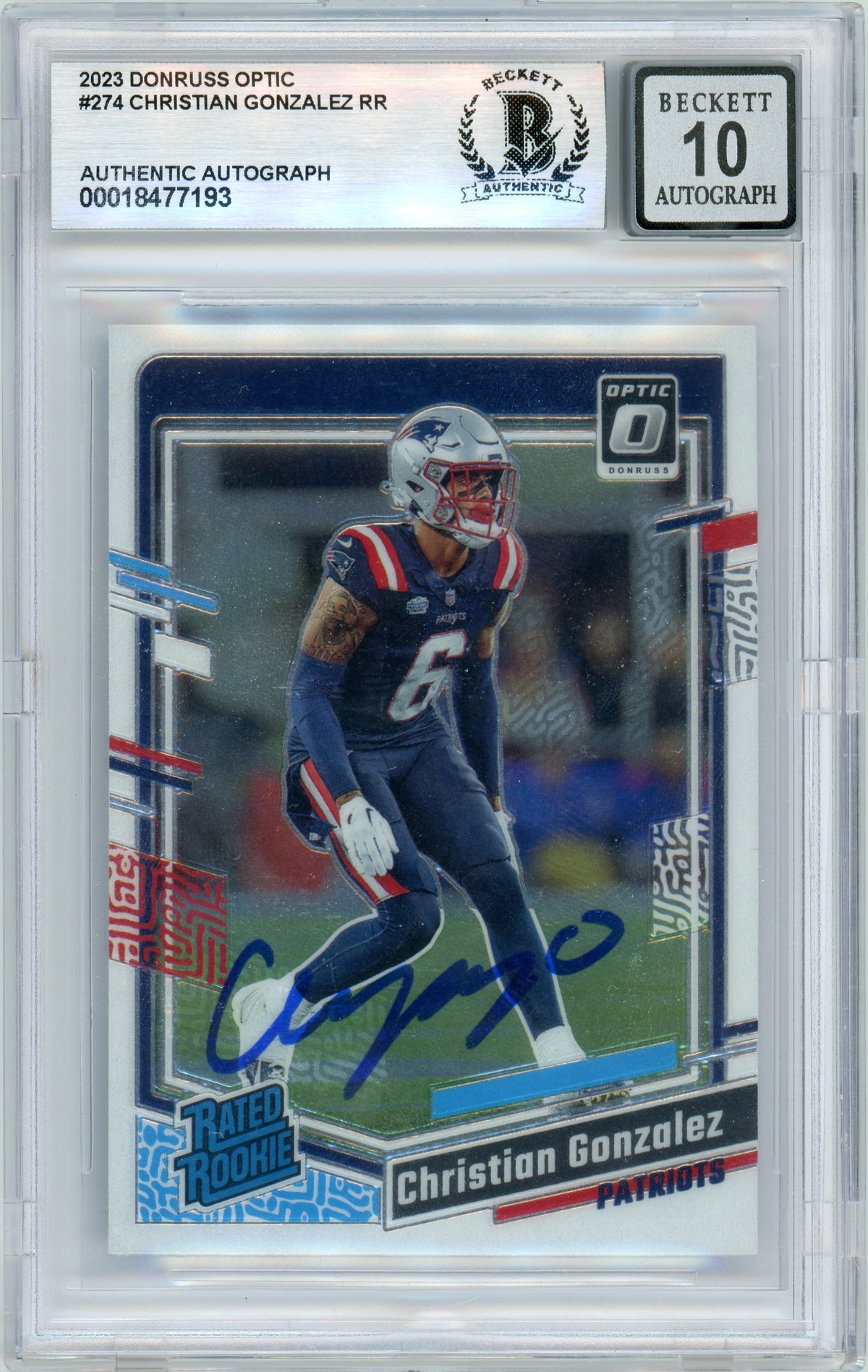 2023 Donruss Optic #274 Christian Gonzalez RC New England Patriots BGS Autograph 10