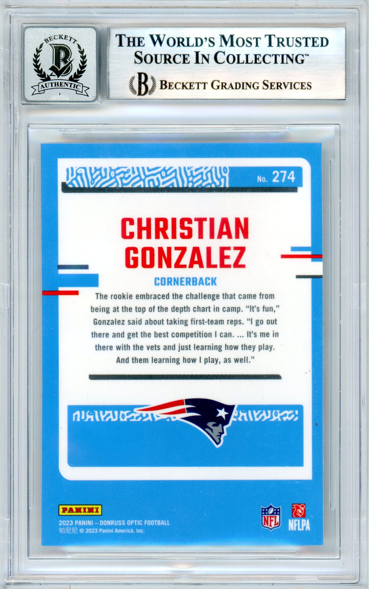 2023 Donruss Optic #274 Christian Gonzalez RC New England Patriots BGS Autograph 10