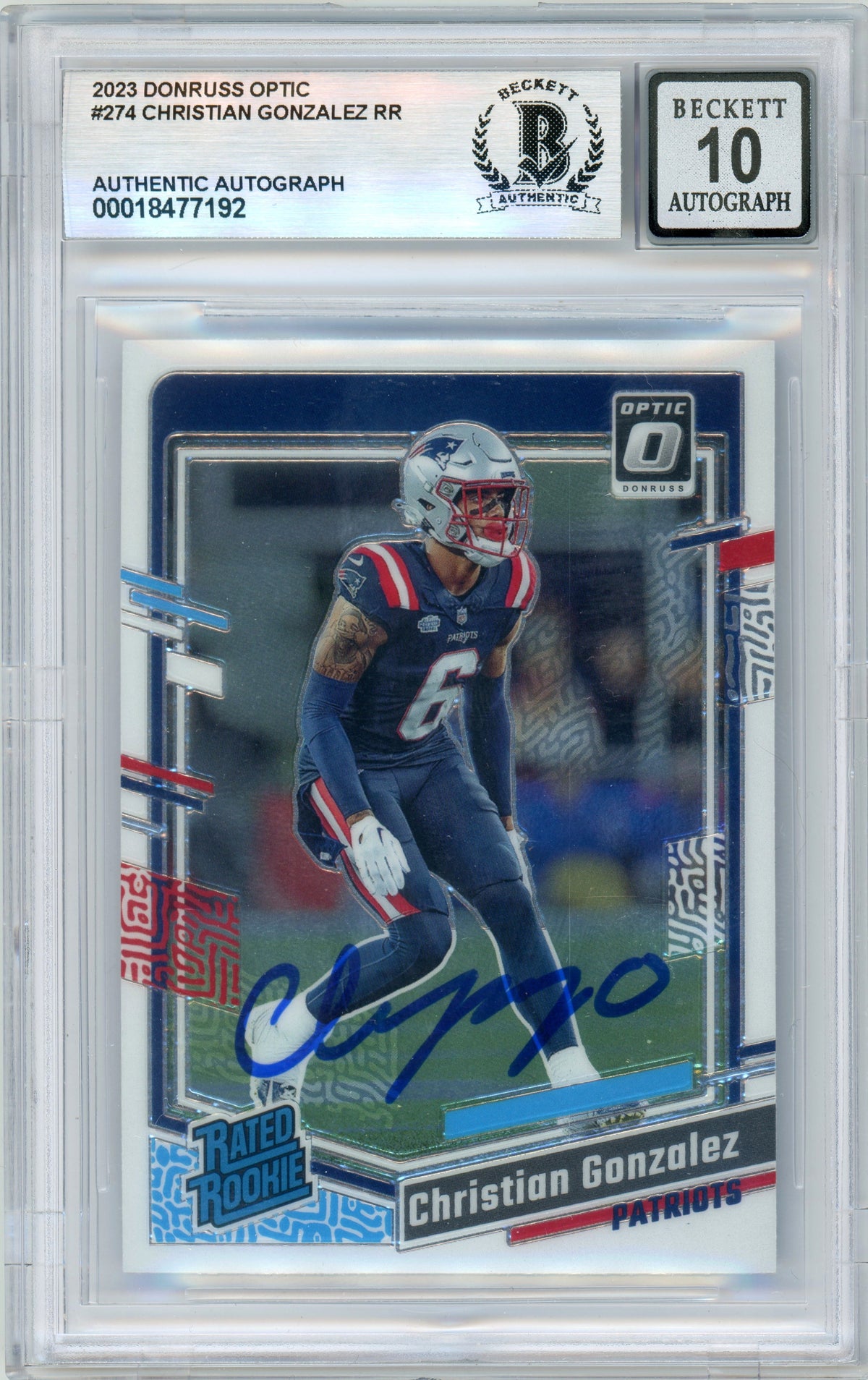 2023 Donruss Optic #274 Christian Gonzalez RC New England Patriots BGS Autograph 10