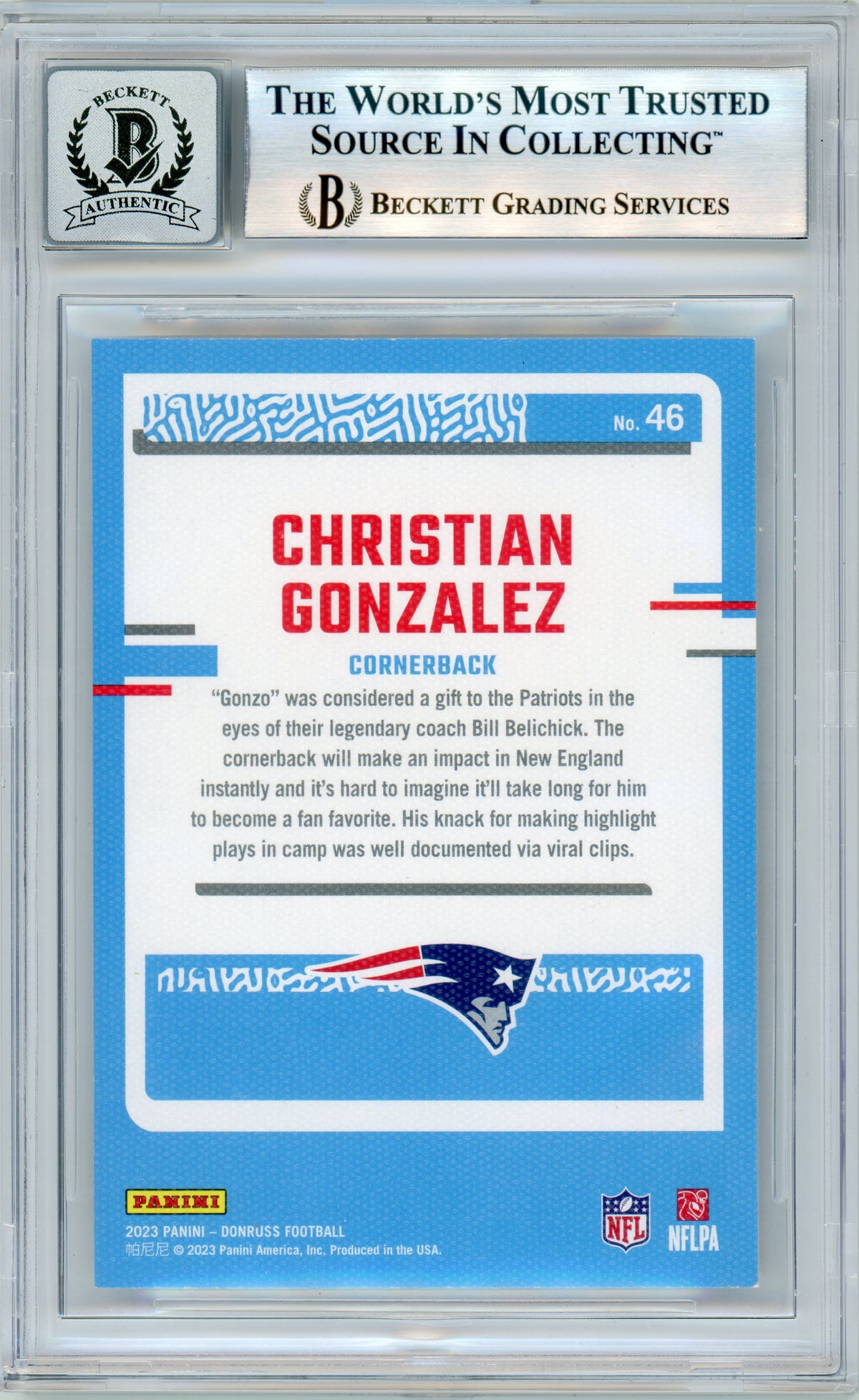 2023 Donruss - Portrait #46 Christian Gonzalez RC New England Patriots BGS Autograph 10